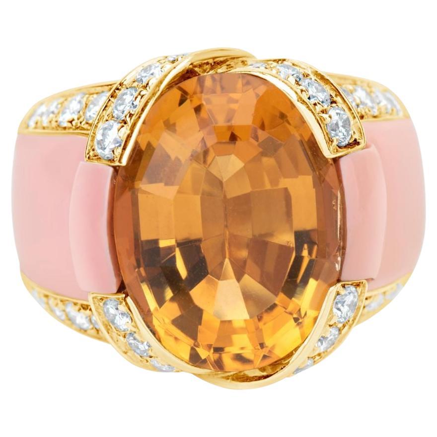 Andreoli Diamant- Citrin-Koralle-Ring aus 18 Karat Gelbgold
