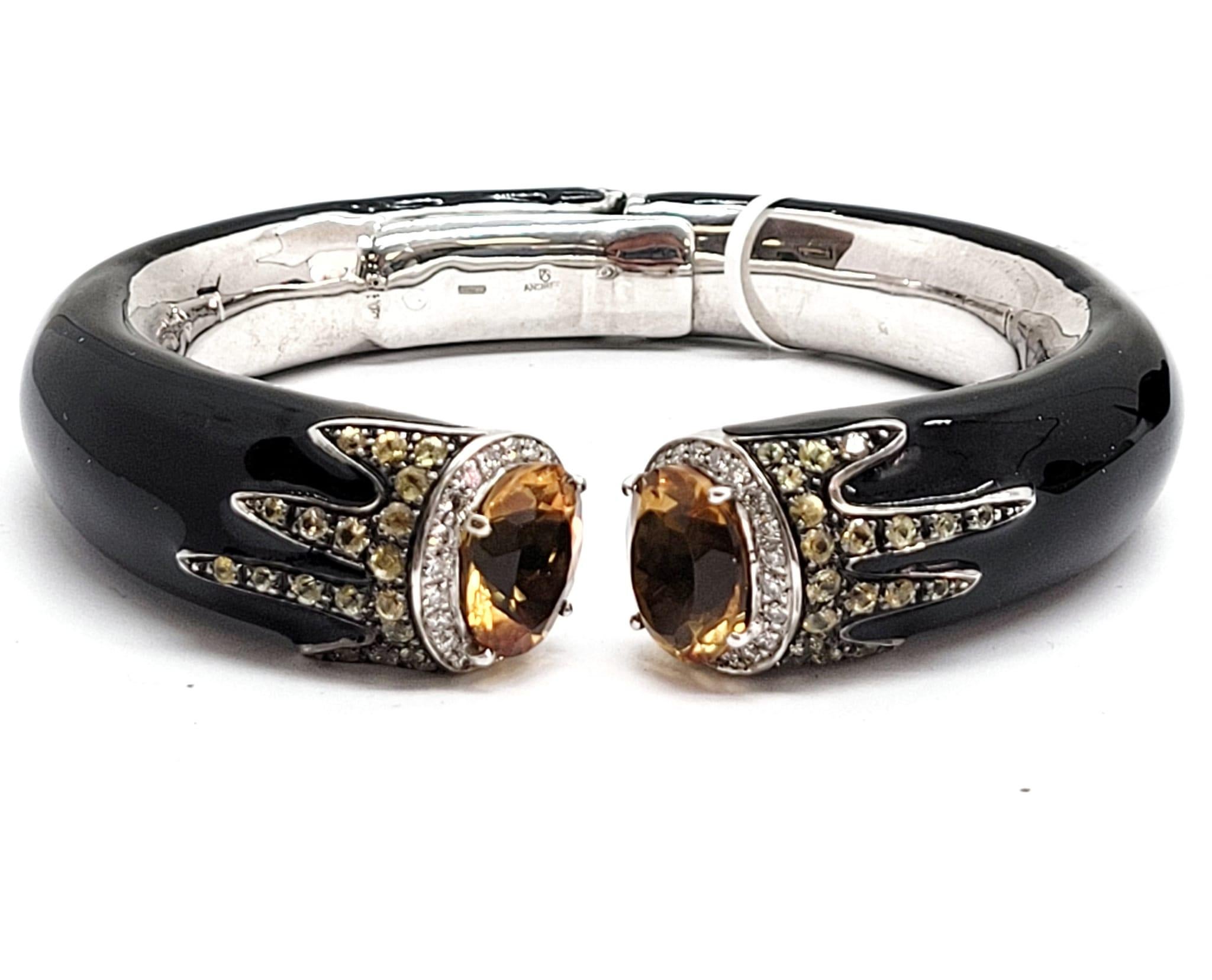 Mixed Cut Andreoli Diamond Citrine Sapphire Black Enamel 18 Karat Gold and Silver Bracelet For Sale