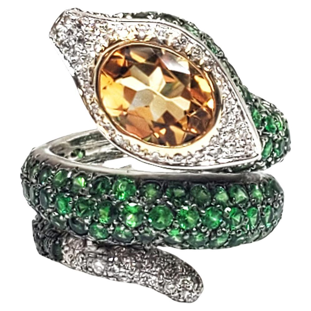 Andreoli Diamond Citrine Tsavorite 18 Karat White Gold Serpent Ring For Sale