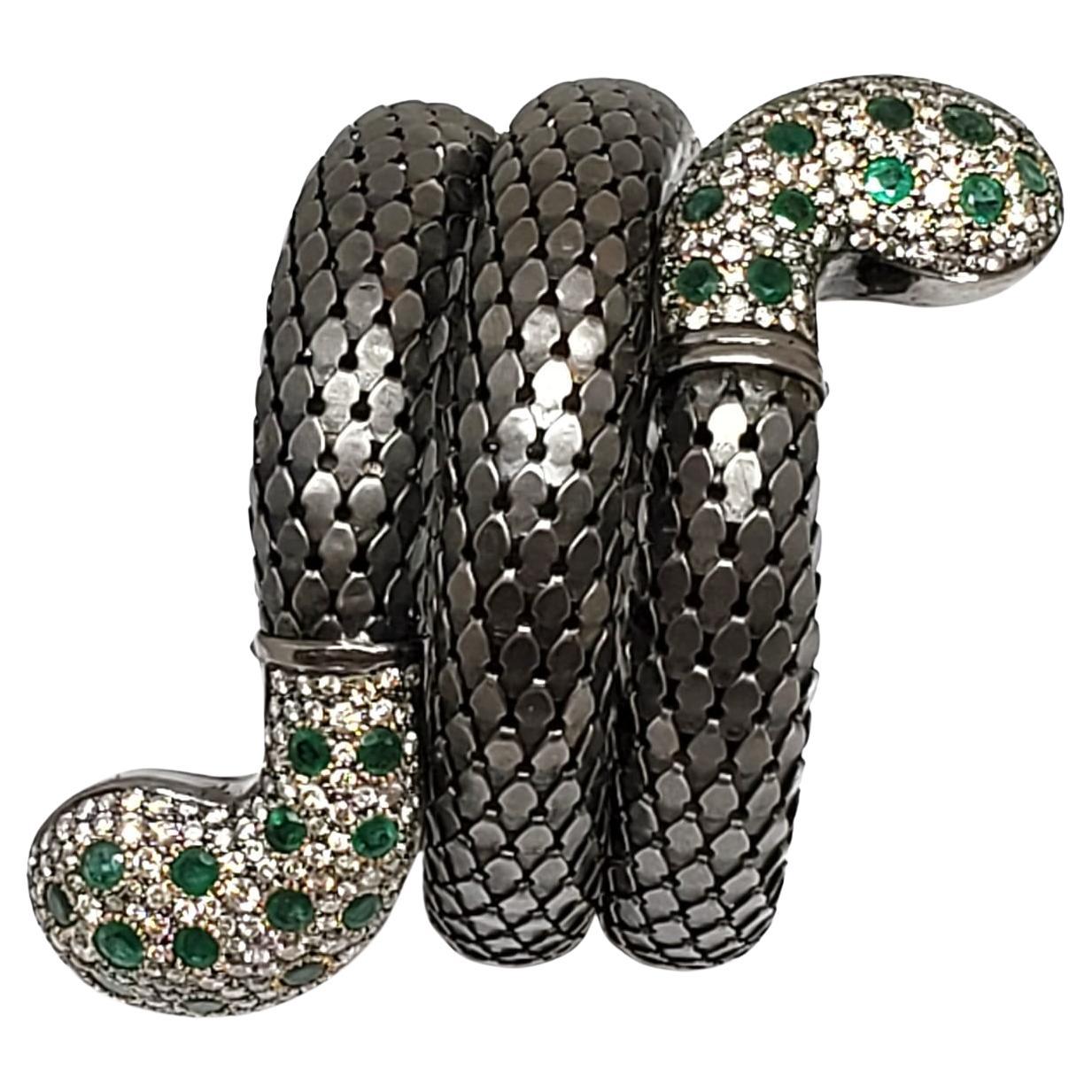 Andreoli Diamond Emerald 18 Karat Gold and Silver Serpent Bracelet