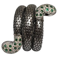 Andreoli Diamond Emerald 18 Karat Gold and Silver Serpent Bracelet