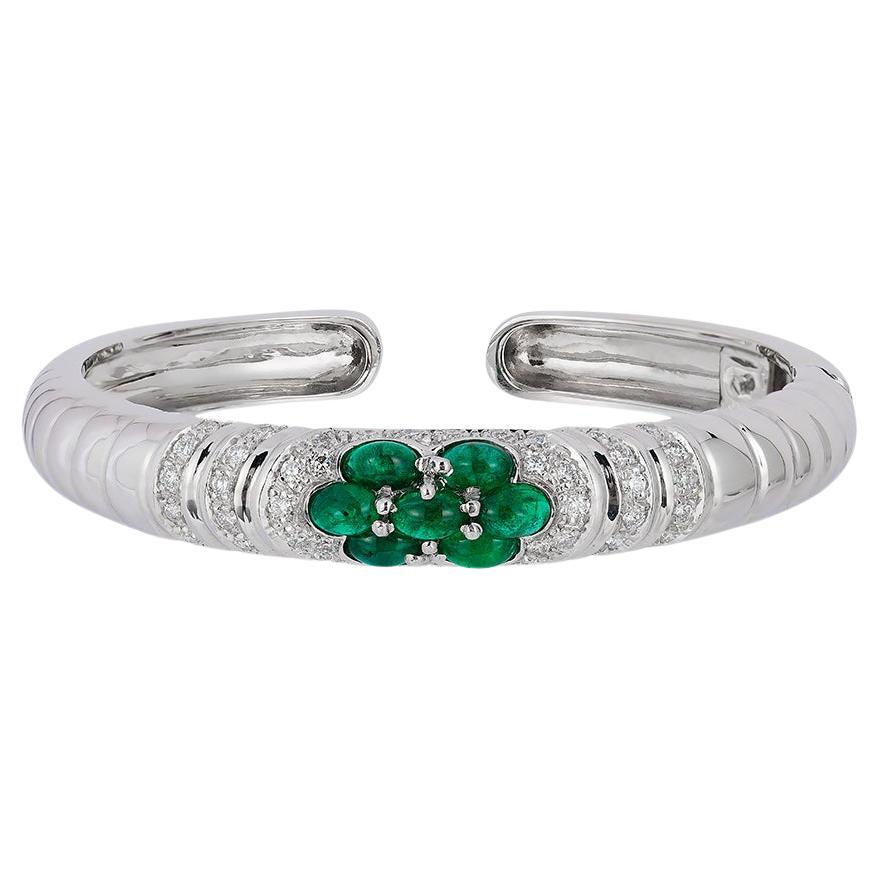 Andreoli Diamond Emerald Cabochon 18 Karat White Gold Bracelet For Sale