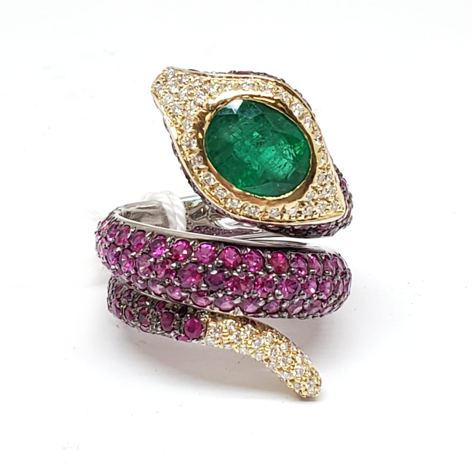 Andreoli Diamond Emerald Pink Sapphire 18 Karat Two-Tone Gold Serpent Ring

This ring features:
- 0.48 Carat Diamond
- 2.25 Carat Emerald
- 5.67 Carat Pink Sapphire
- 19.10 Gram 18K Two-Tone Gold
- Made In Italy