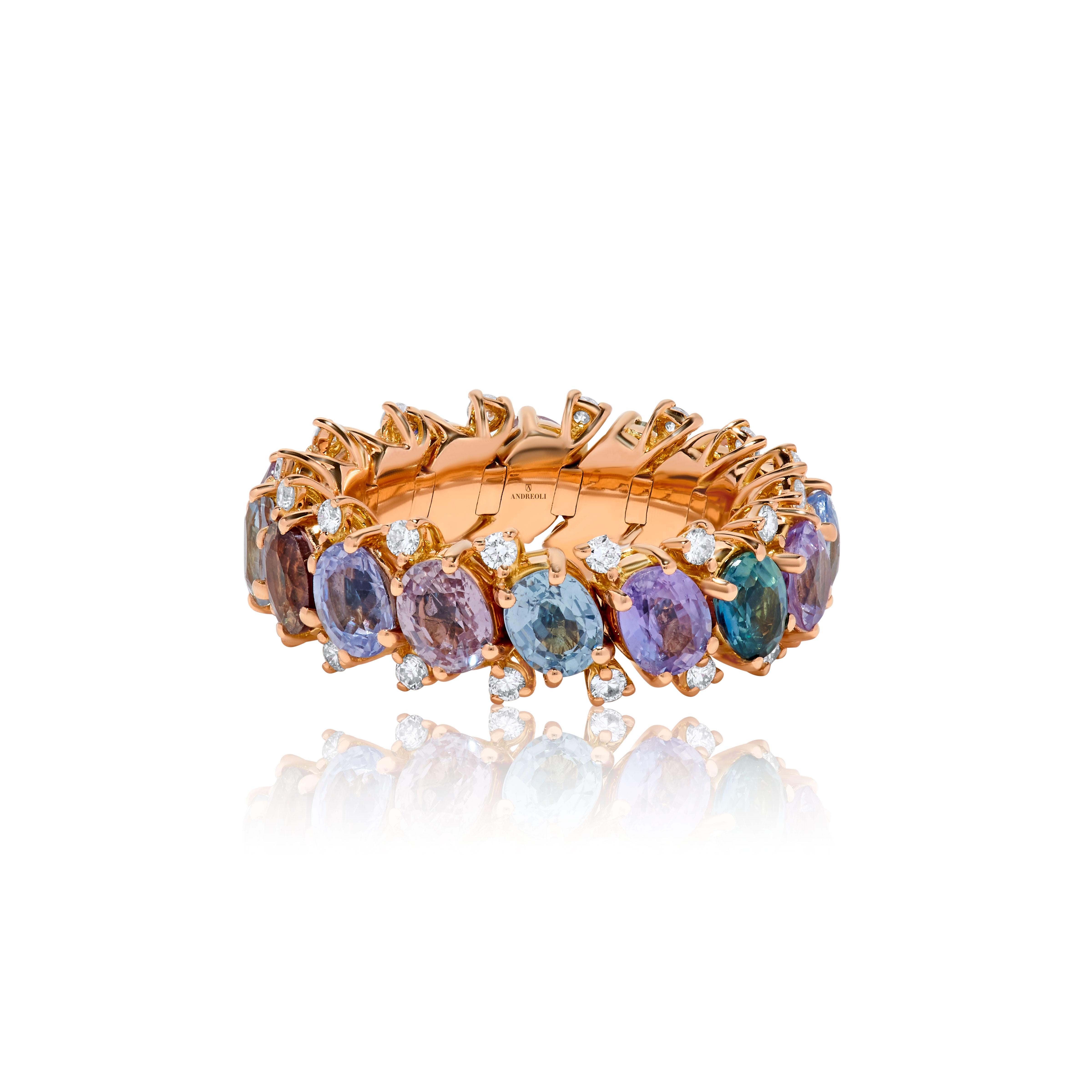 Contemporary Andreoli Diamond Mixed Sapphire 18 Karat Rose Gold Stretchy Ring For Sale