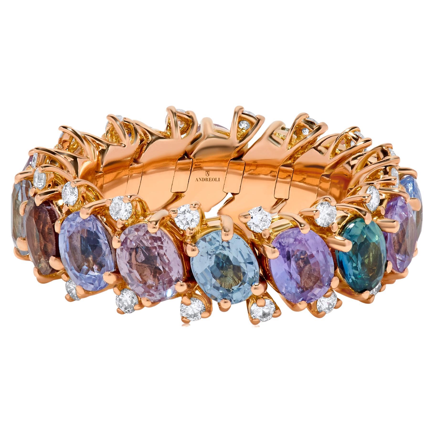 Andreoli Diamond Mixed Sapphire 18 Karat Rose Gold Stretchy Ring For Sale