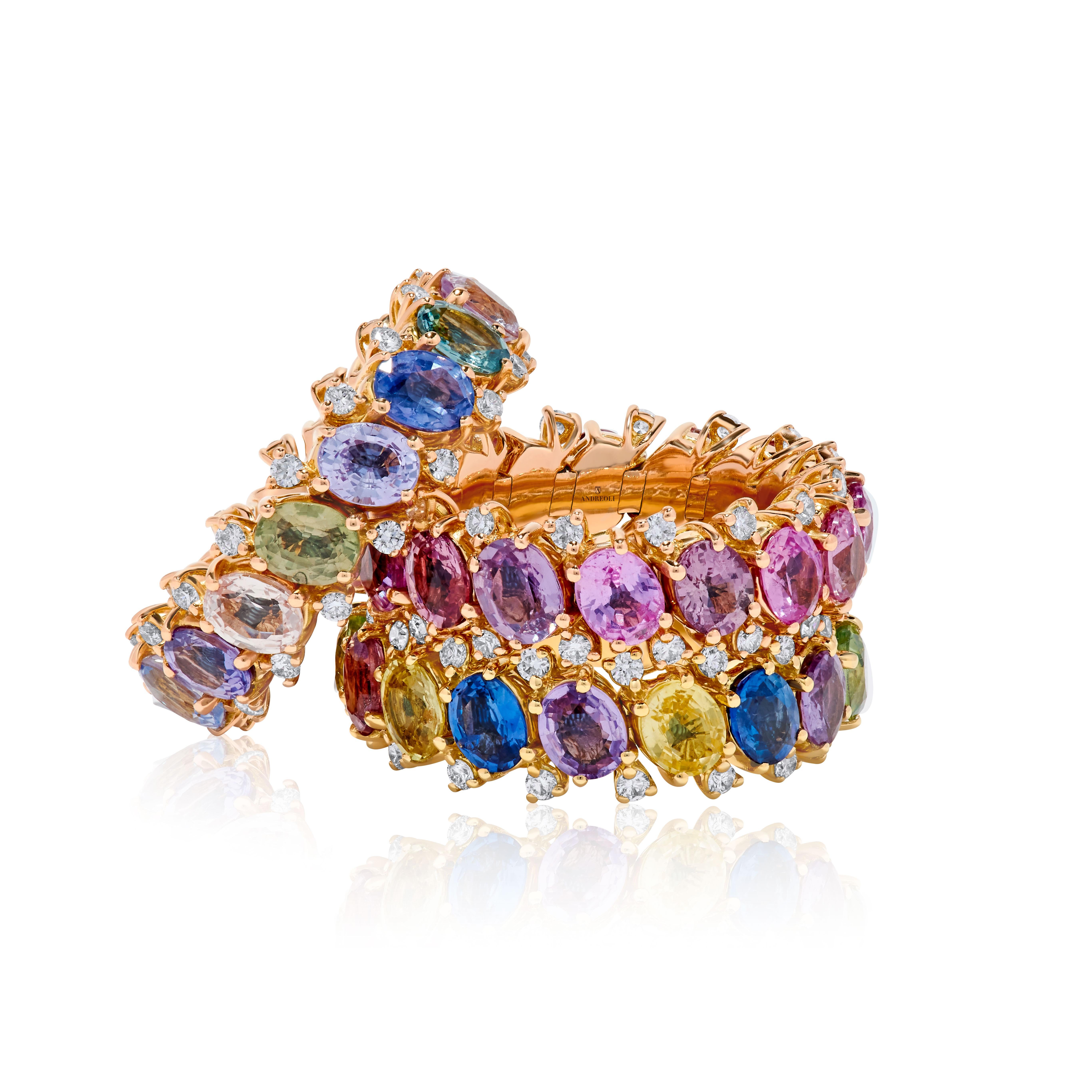 Contemporary Andreoli Diamond Mixed Sapphire 18 Karat Yellow Gold Stretchy Ring For Sale