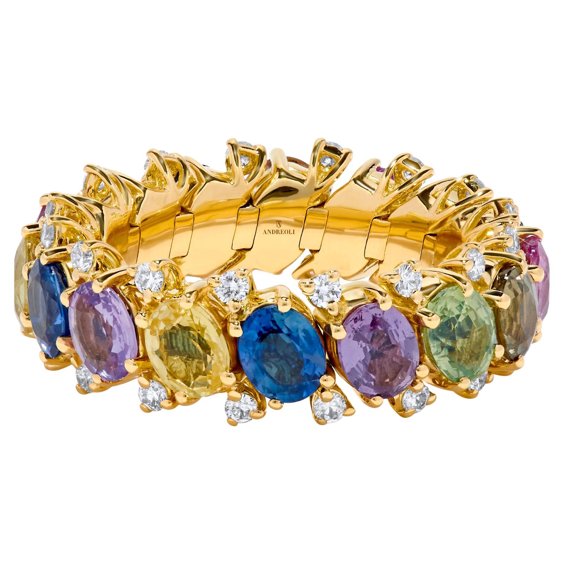 Andreoli Diamond Mixed Sapphire 18 Karat Yellow Gold Stretchy Ring For Sale
