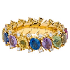 Andreoli Diamond Mixed Sapphire 18 Karat Yellow Gold Stretchy Ring