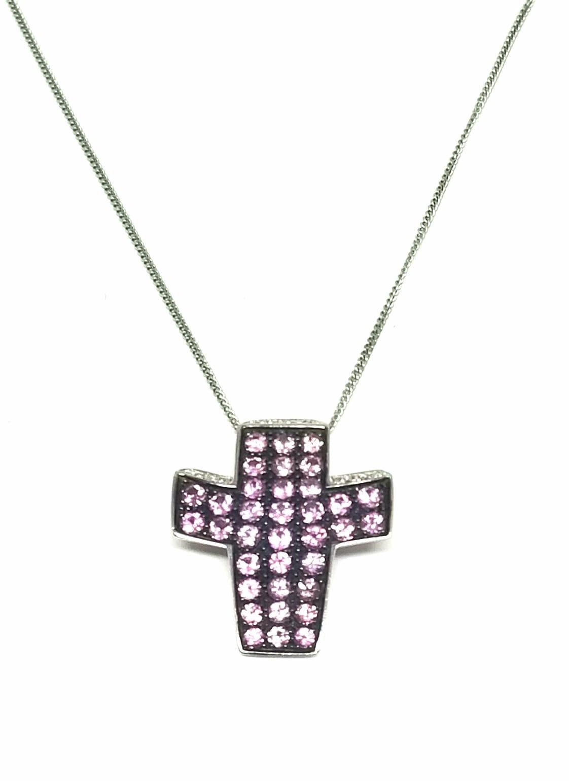 Andreoli Diamond Pink Sapphire 18 Karat Gold Cross Pendant Necklace For Sale