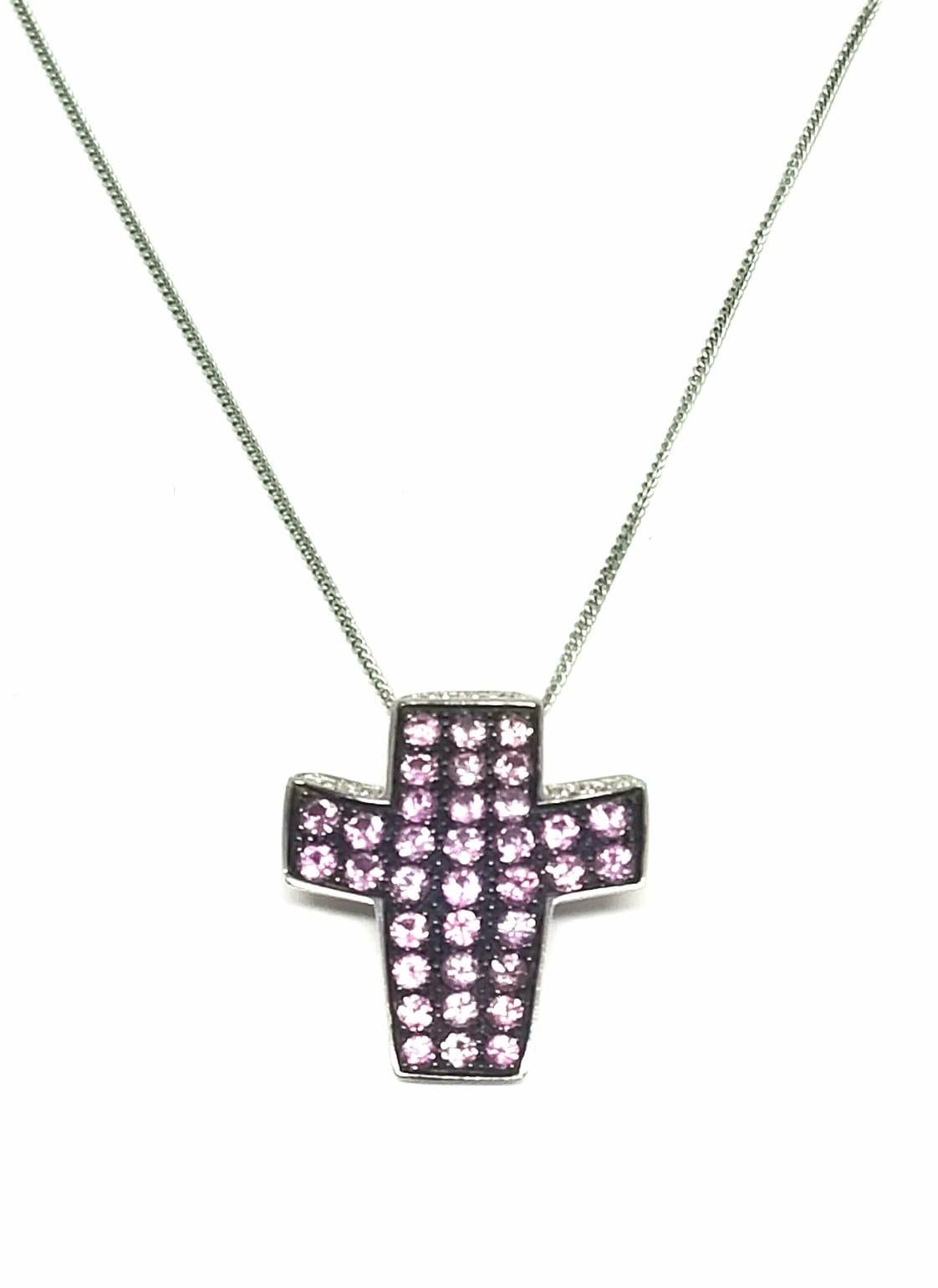 Zorab Atelier de Creation Pink Sapphire and Diamond Cross Necklace at
