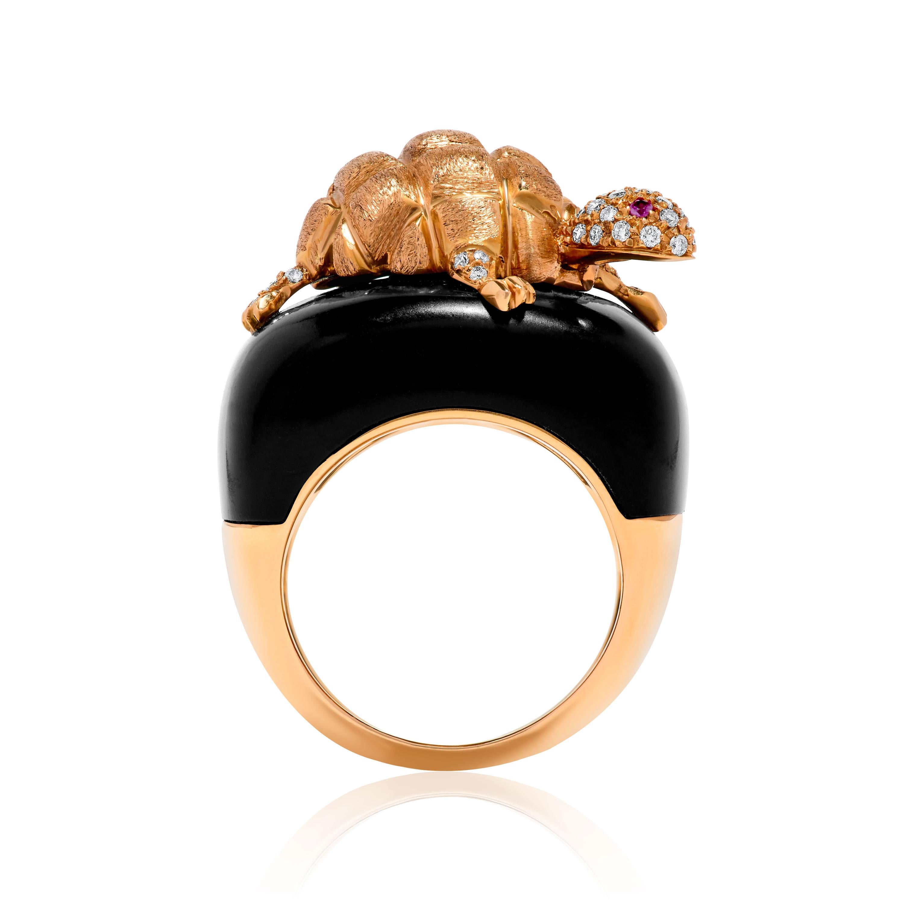 Mixed Cut Andreoli Diamond Pink Sapphire Onyx 18 Karat Yellow Gold Turtle Ring For Sale