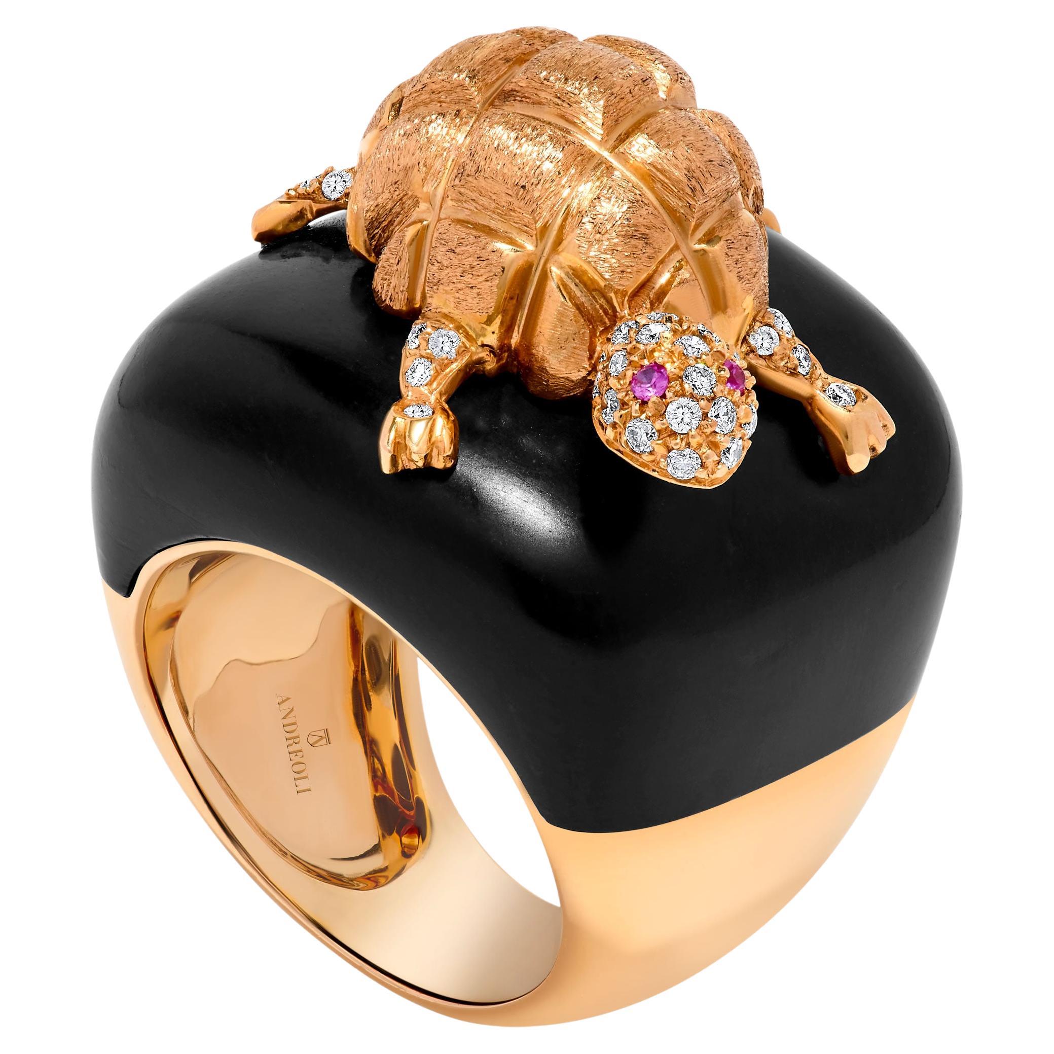 Andreoli Diamond Pink Sapphire Onyx 18 Karat Yellow Gold Turtle Ring For Sale