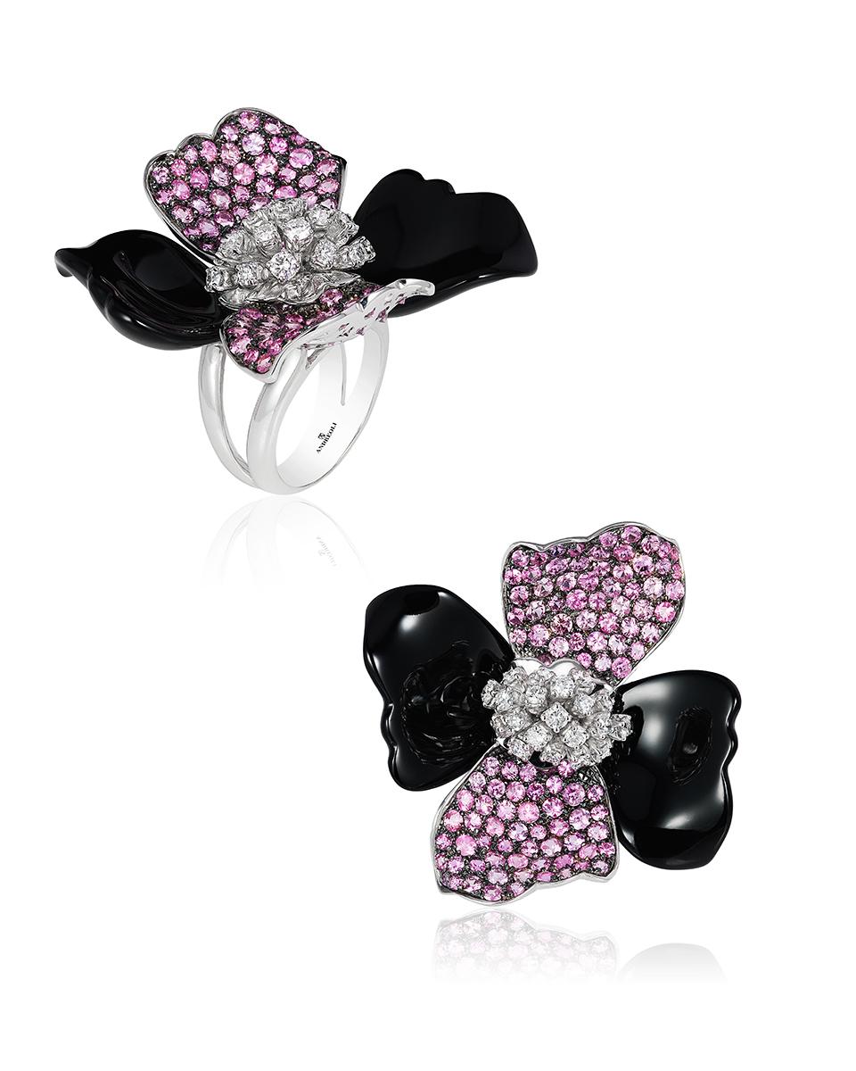 Contemporain Andreoli Bague cocktail fleur en or blanc 18 carats avec diamants, saphirs roses et onyx en vente