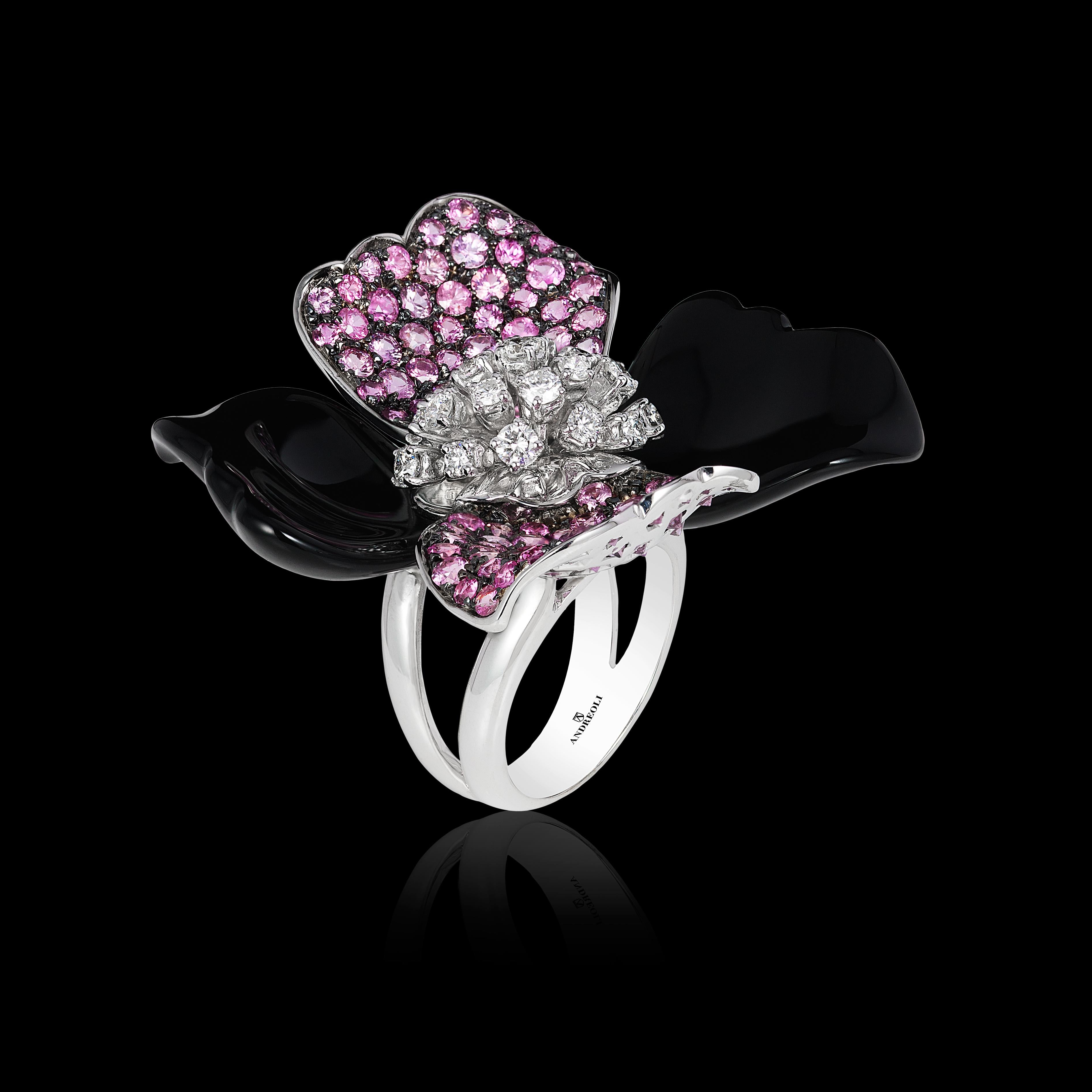 Round Cut Andreoli Diamond Pink Sapphire Onyx Flower Cocktail Ring 18 Karat White Gold For Sale