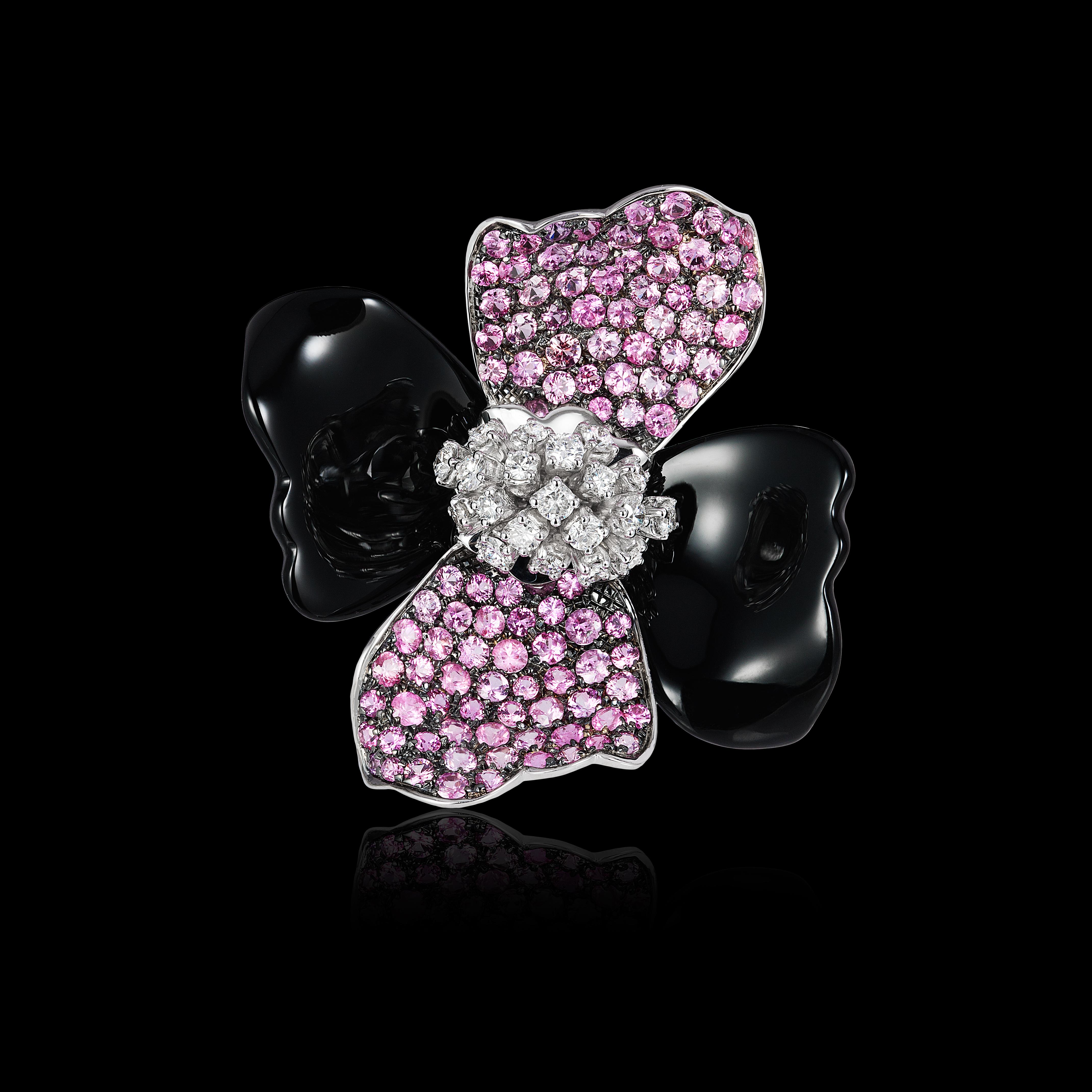 Andreoli Diamond Pink Sapphire Onyx Flower Cocktail Ring 18 Karat White Gold In New Condition For Sale In New York, NY