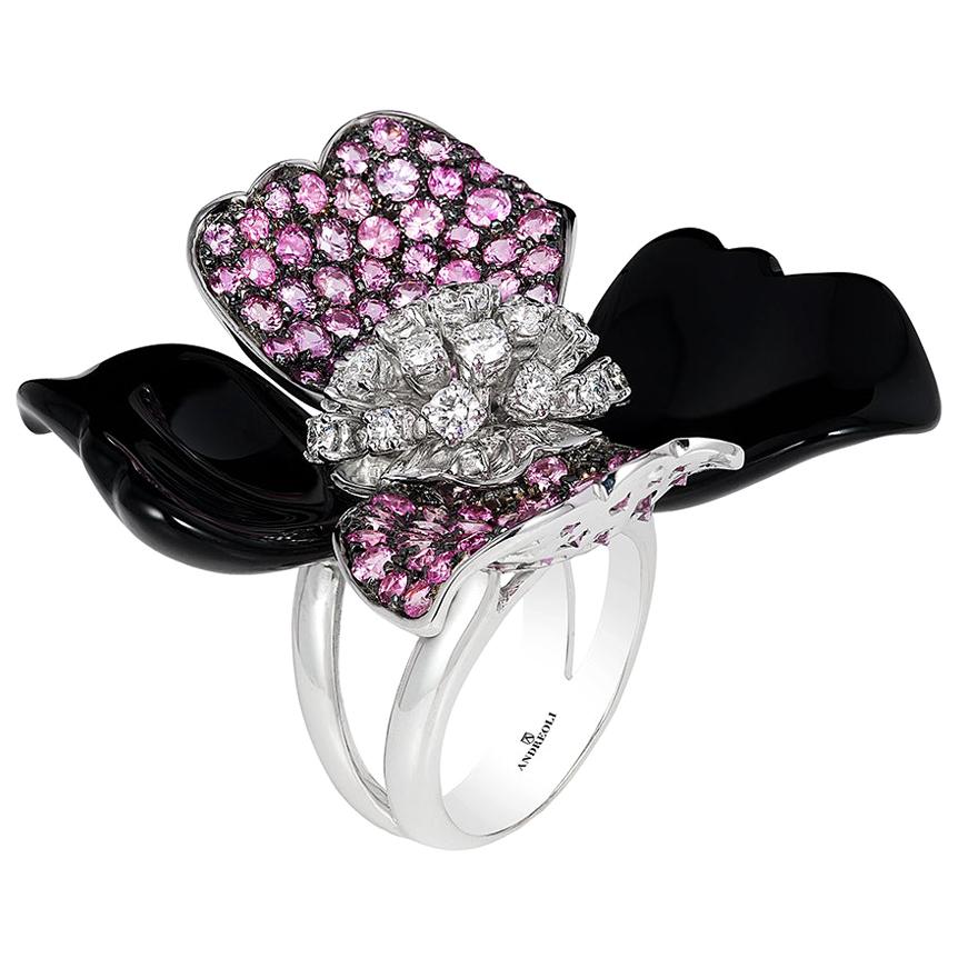 Andreoli Diamond Pink Sapphire Onyx Flower Cocktail Ring 18 Karat White Gold For Sale