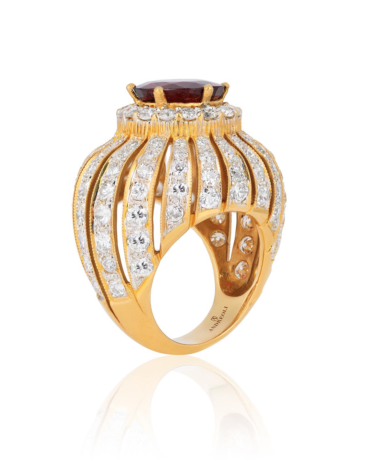 Contemporary Andreoli Diamond Red Spinel Cocktail Ring 18 Karat Yellow Gold