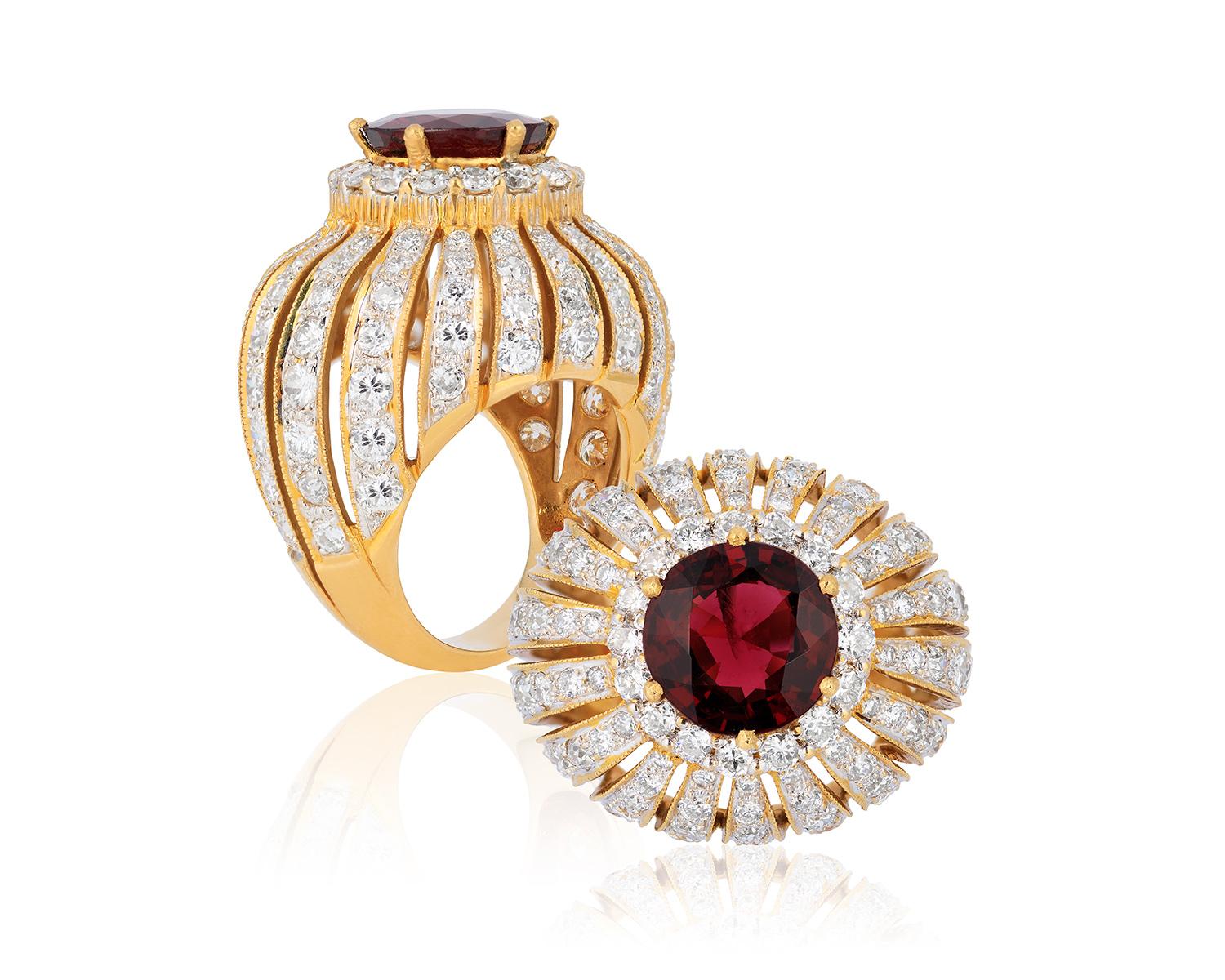 Round Cut Andreoli Diamond Red Spinel Cocktail Ring 18 Karat Yellow Gold