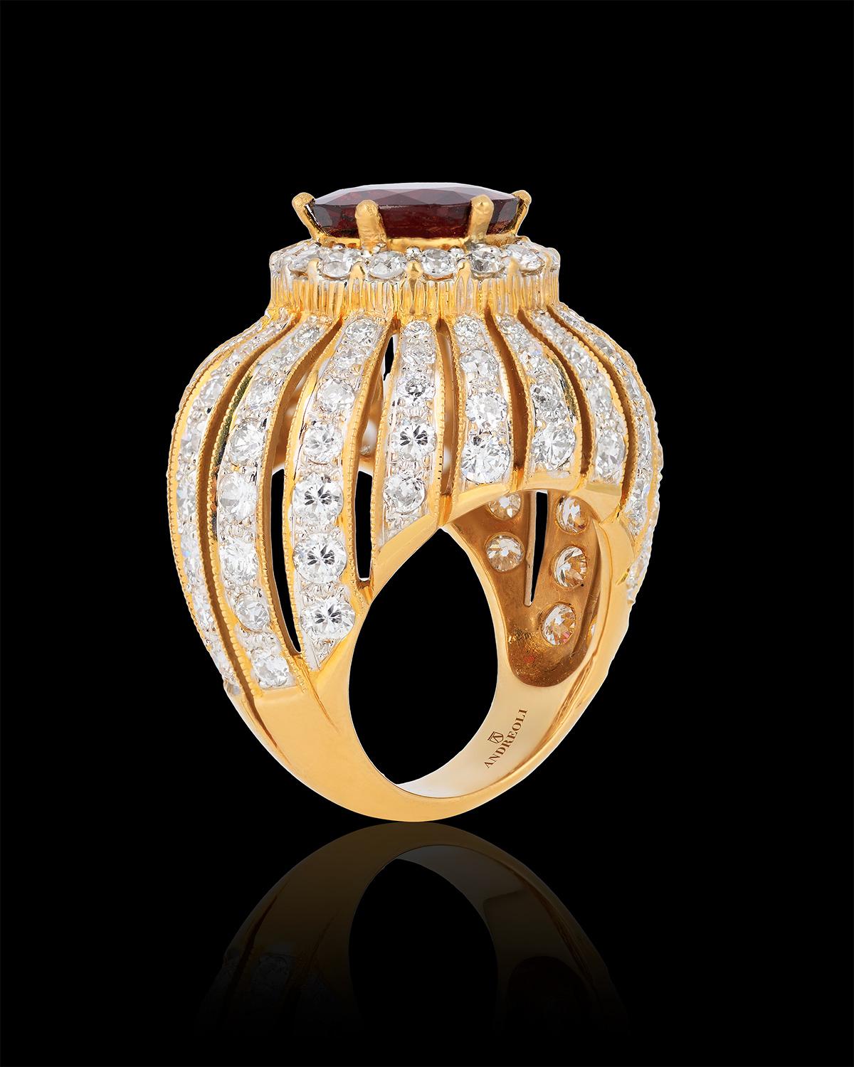 Women's or Men's Andreoli Diamond Red Spinel Cocktail Ring 18 Karat Yellow Gold