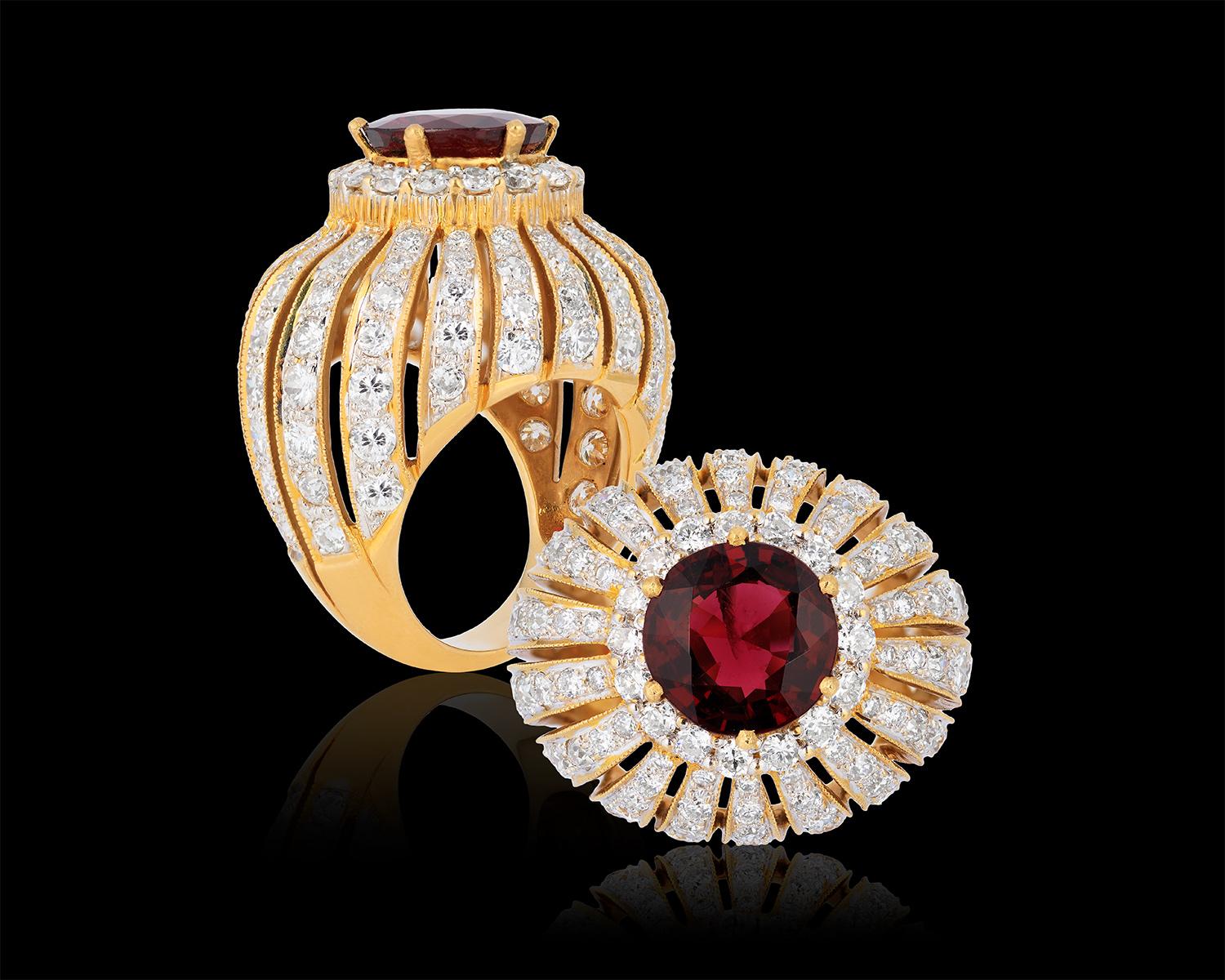 Andreoli Diamond Red Spinel Cocktail Ring 18 Karat Yellow Gold 1