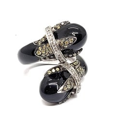 Andreoli Diamond Sapphire Black Enamel 18 Karat Gold and Silver Bypass Ring