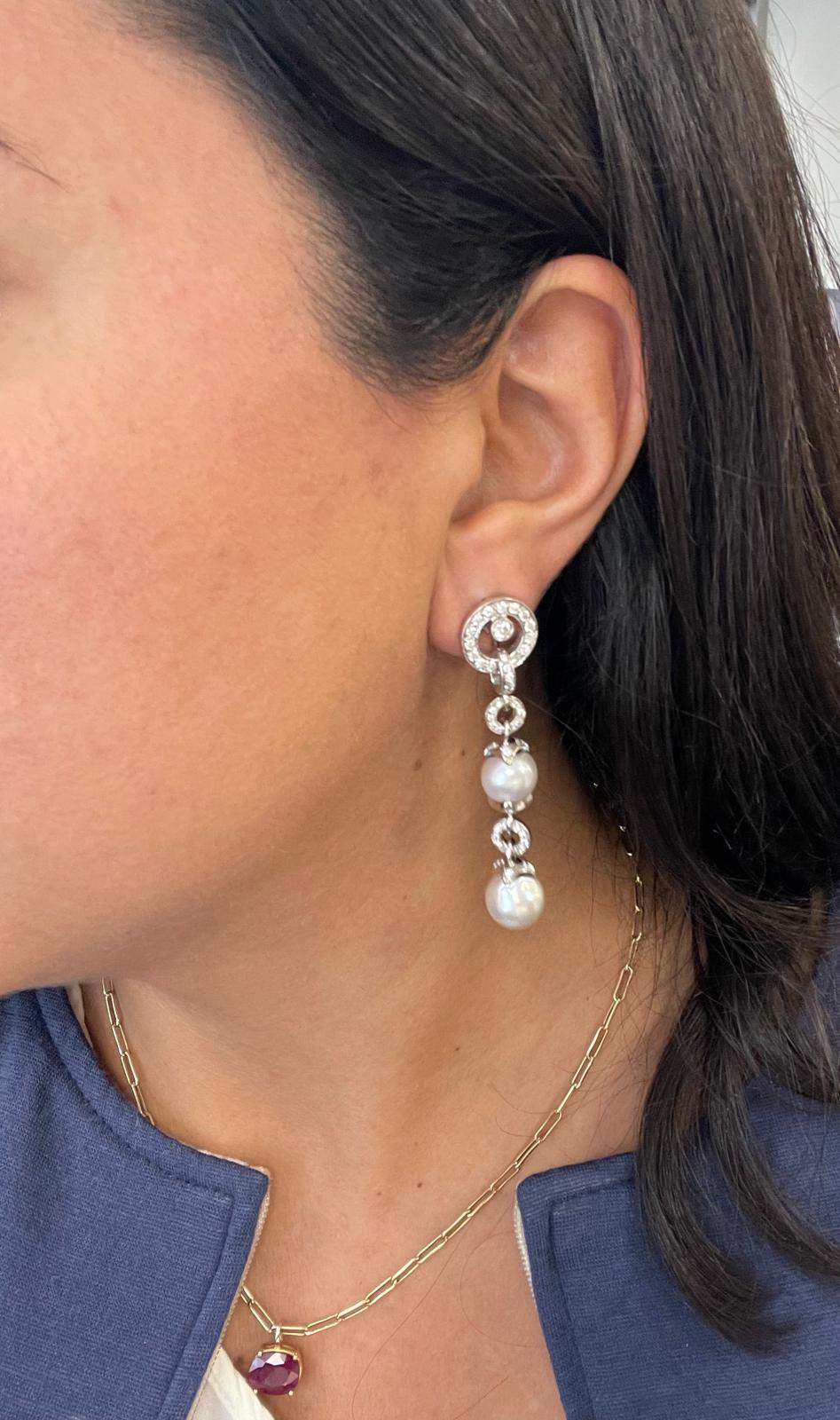 Mixed Cut Andreoli Diamond South Sea Pearl 18 Karat White Gold Earrings For Sale