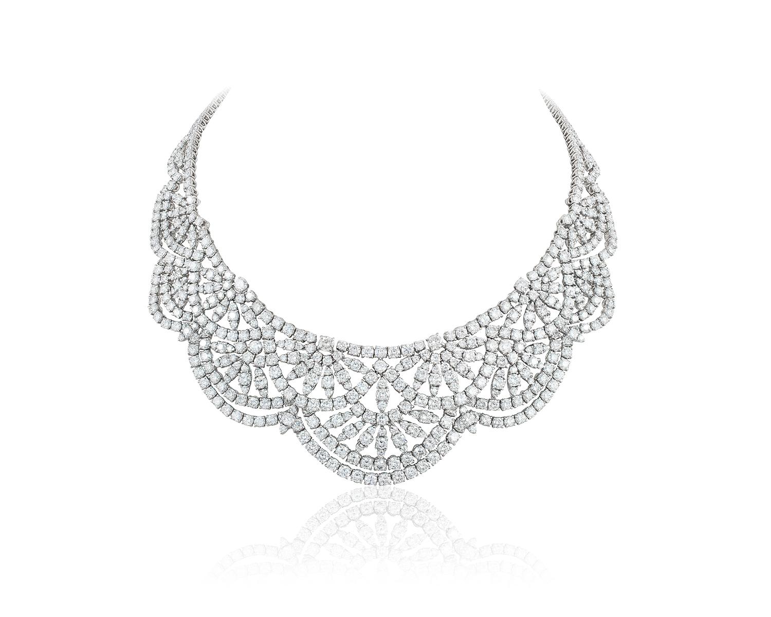 Andreoli Diamond Statement Necklace 18 Karat White Gold. This necklace features 53.48 carats of F-G-H Color, VS-SI Clarity full round brilliant cut diamonds. Set in 125 grams of 18 Karat white gold. This piece was created to the finest detail to