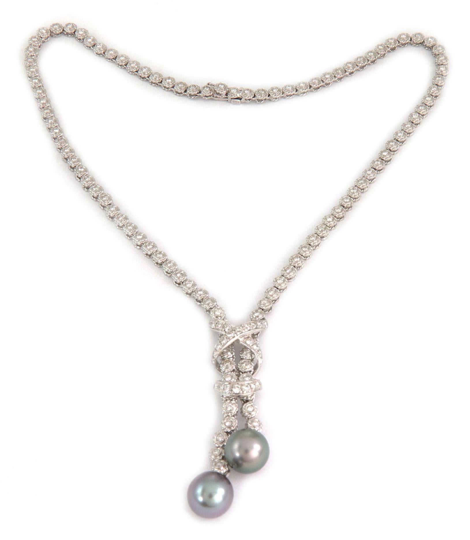 Modern Andreoli Diamond Tahitian Pearls 18k White Gold Dangle Pendant Necklace