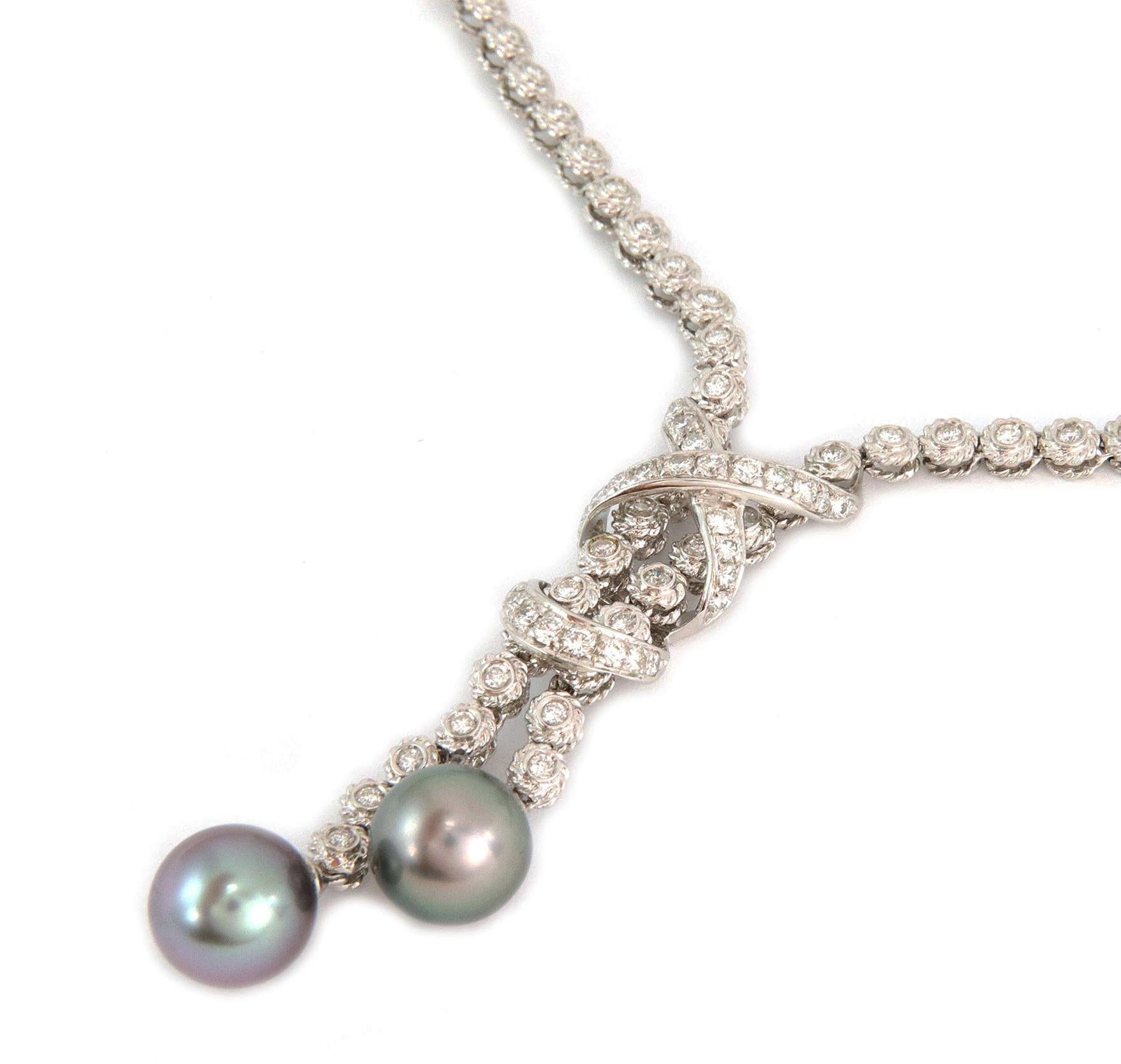 Brilliant Cut Andreoli Diamond Tahitian Pearls 18k White Gold Dangle Pendant Necklace