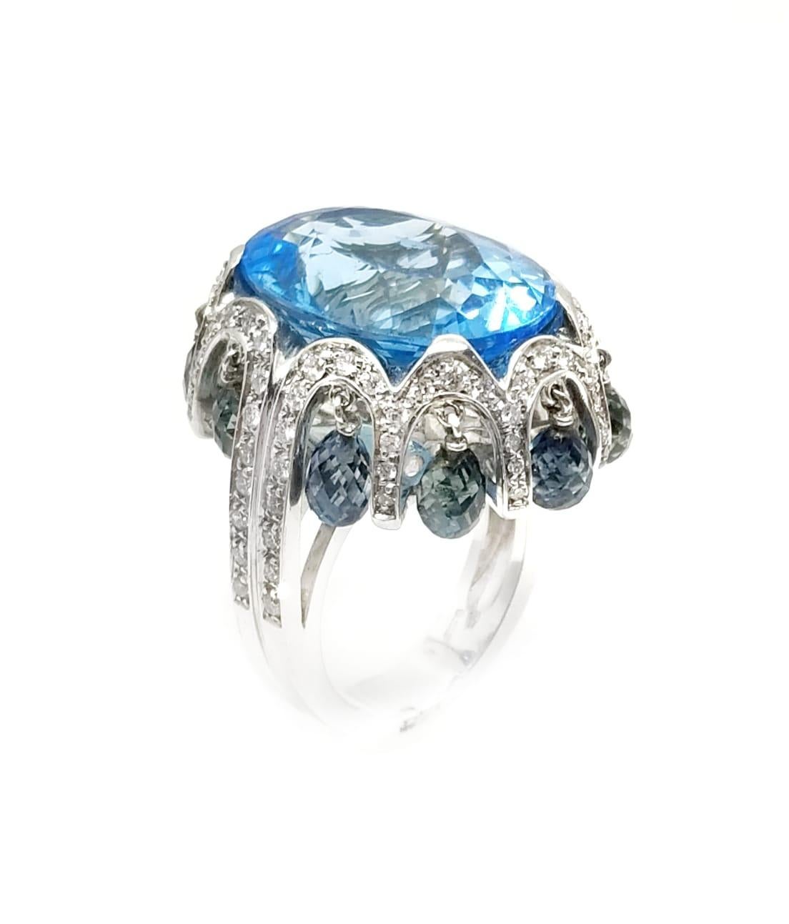Contemporary Andreoli Diamond Topaz Sapphire 18 Karat White Gold Ring For Sale