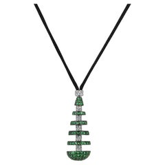 Andreoli Diamond Tsavorite Silk Cord 18 Karat White Gold Pendant Necklace