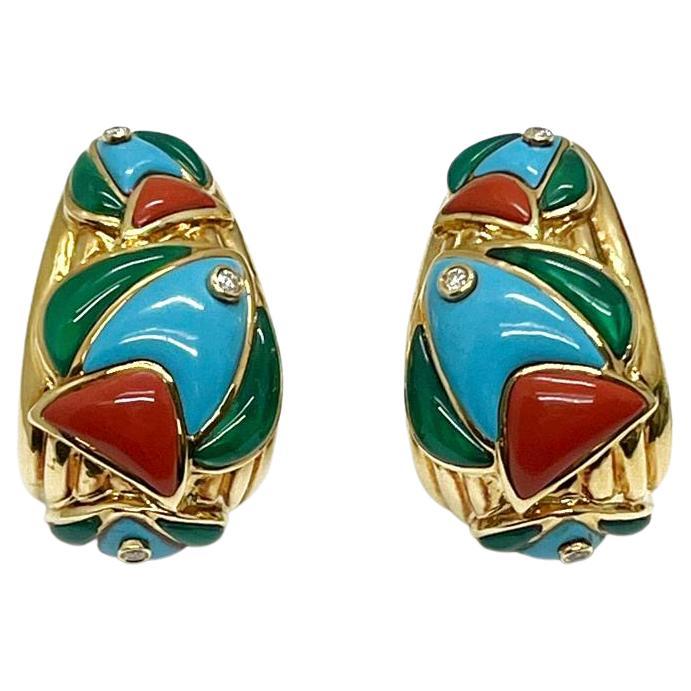 Andreoli Diamond Turquoise Coral Chrysoprase 18 Karat Yellow Gold Earrings  For Sale