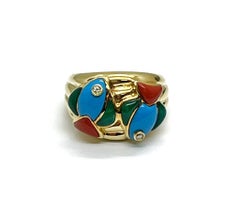 Andreoli Diamond Turquoise Coral Chrysoprase 18 Karat Yellow Gold Ring