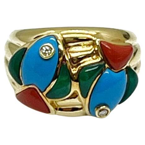 Andreoli Diamond Turquoise Coral Chrysoprase 18 Karat Yellow Gold Ring For Sale