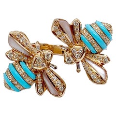 Andreoli Diamond Turquoise Mother of Pearl 18 Karat Rose Gold Bee Bypass Ring