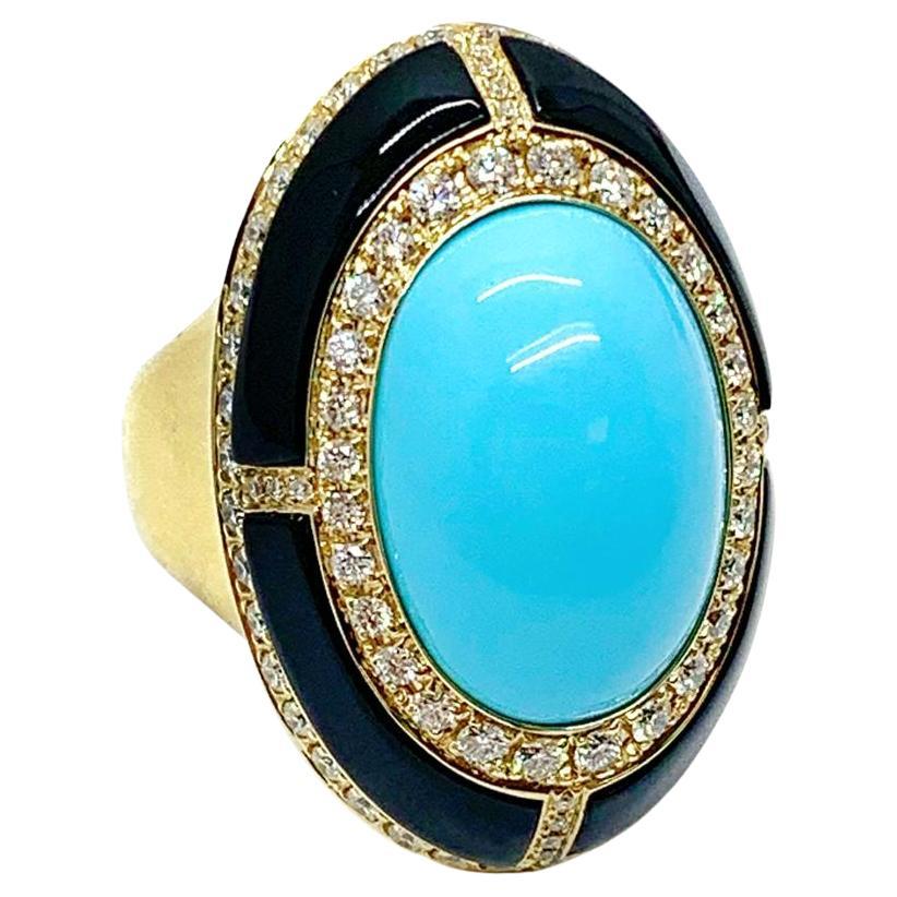 Andreoli Diamond Turquoise Onyx 18 Karat Yellow Gold Ring For Sale