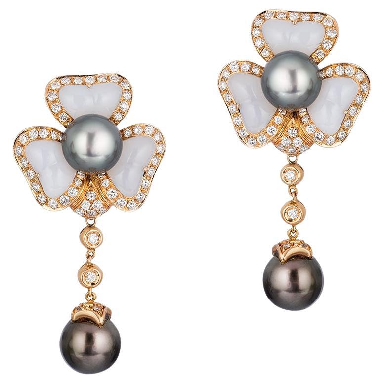 Andreoli Diamond White Agate Pearl 18 Karat Yellow Gold Earrings For Sale