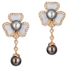 Andreoli Diamond White Agate Pearl 18 Karat Yellow Gold Earrings