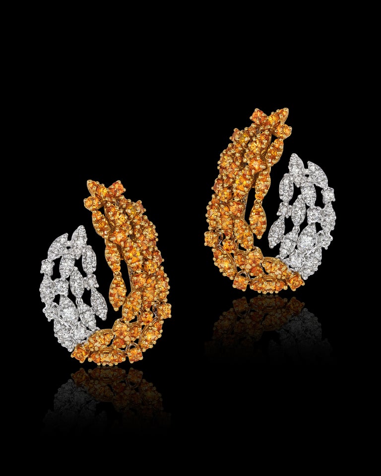 Round Cut Andreoli Diamond Yellow Sapphire Clip Earrings 18 Karat Gold For Sale