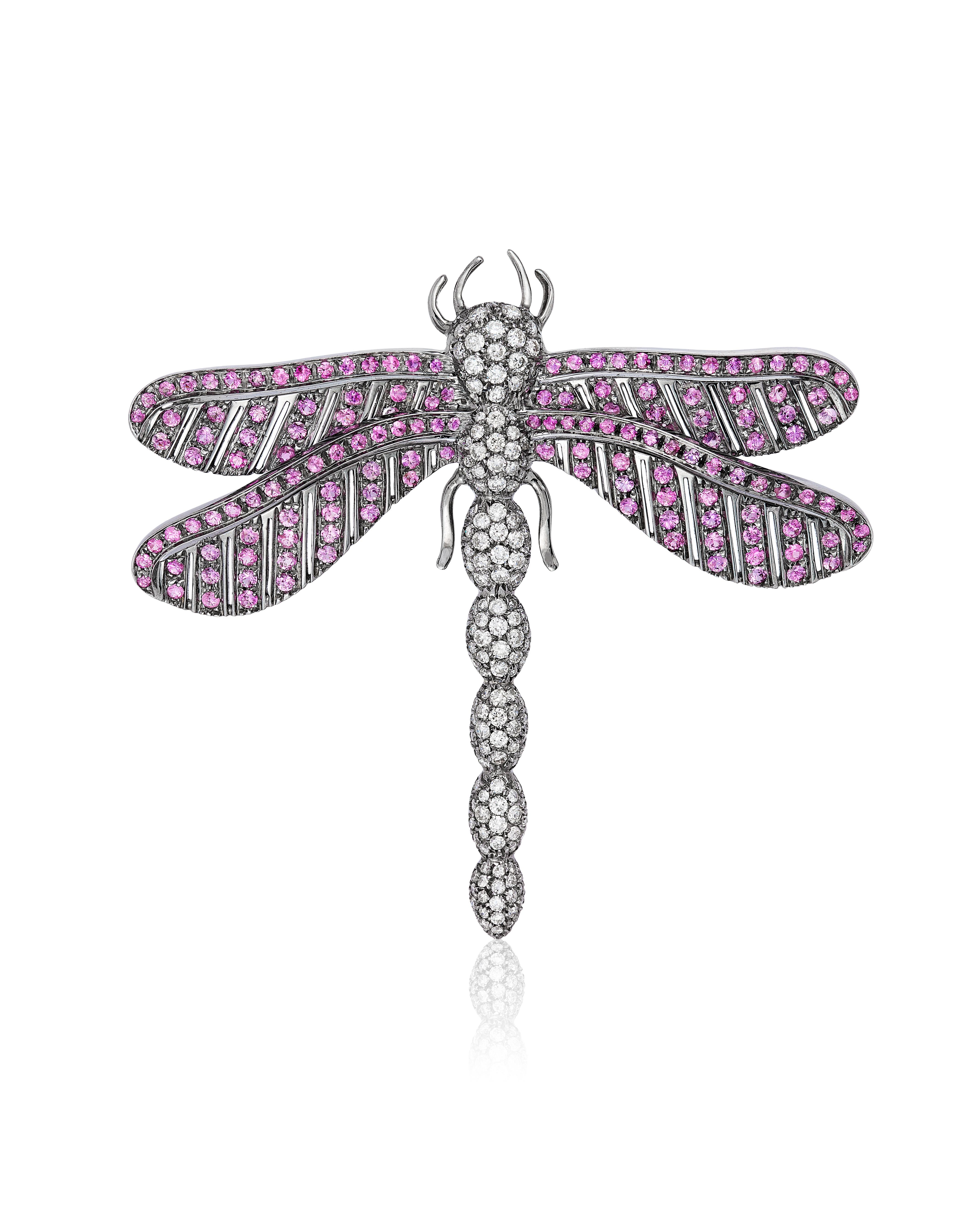Andreoli Dragonfly Pink Sapphire Diamond Black Rhodium Brooch Pin 18 Karat White. This dragonfly brooch faetures 3.32 carats of F-G-H Color VS-SI Clarity round brilliant diamonds and 4.59 carats of round brilliant pink sapphires. Blackened rhodium