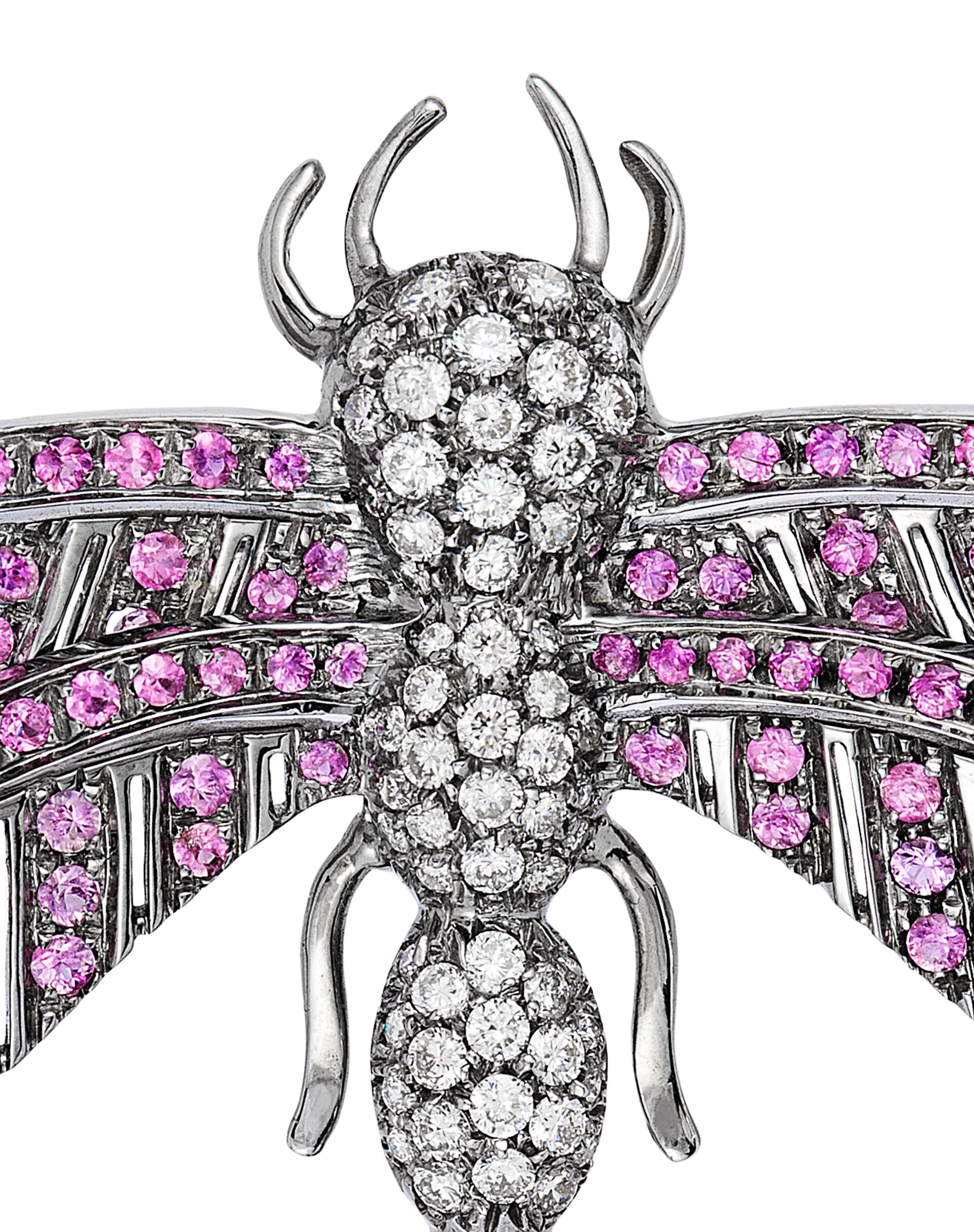 Contemporary Andreoli Dragonfly Pink Sapphire Diamond Black Rhodium Brooch Pin 18 Karat White