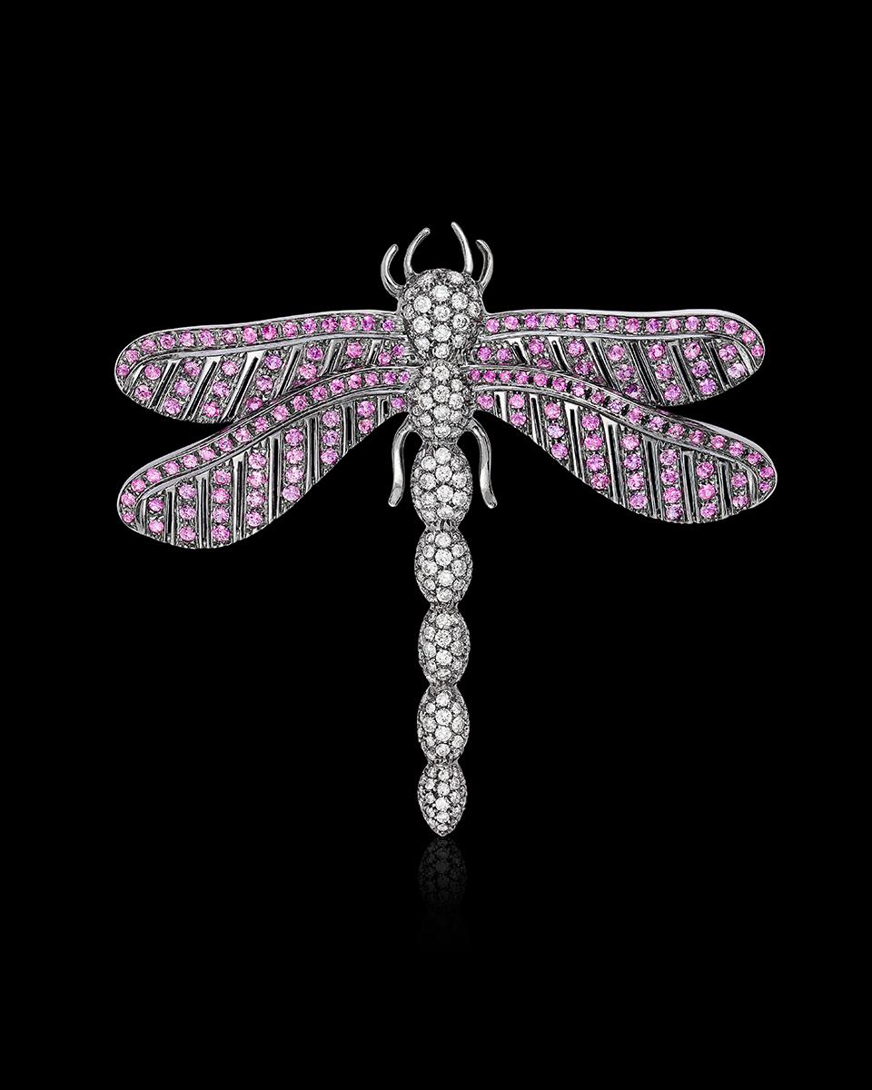 Round Cut Andreoli Dragonfly Pink Sapphire Diamond Black Rhodium Brooch Pin 18 Karat White