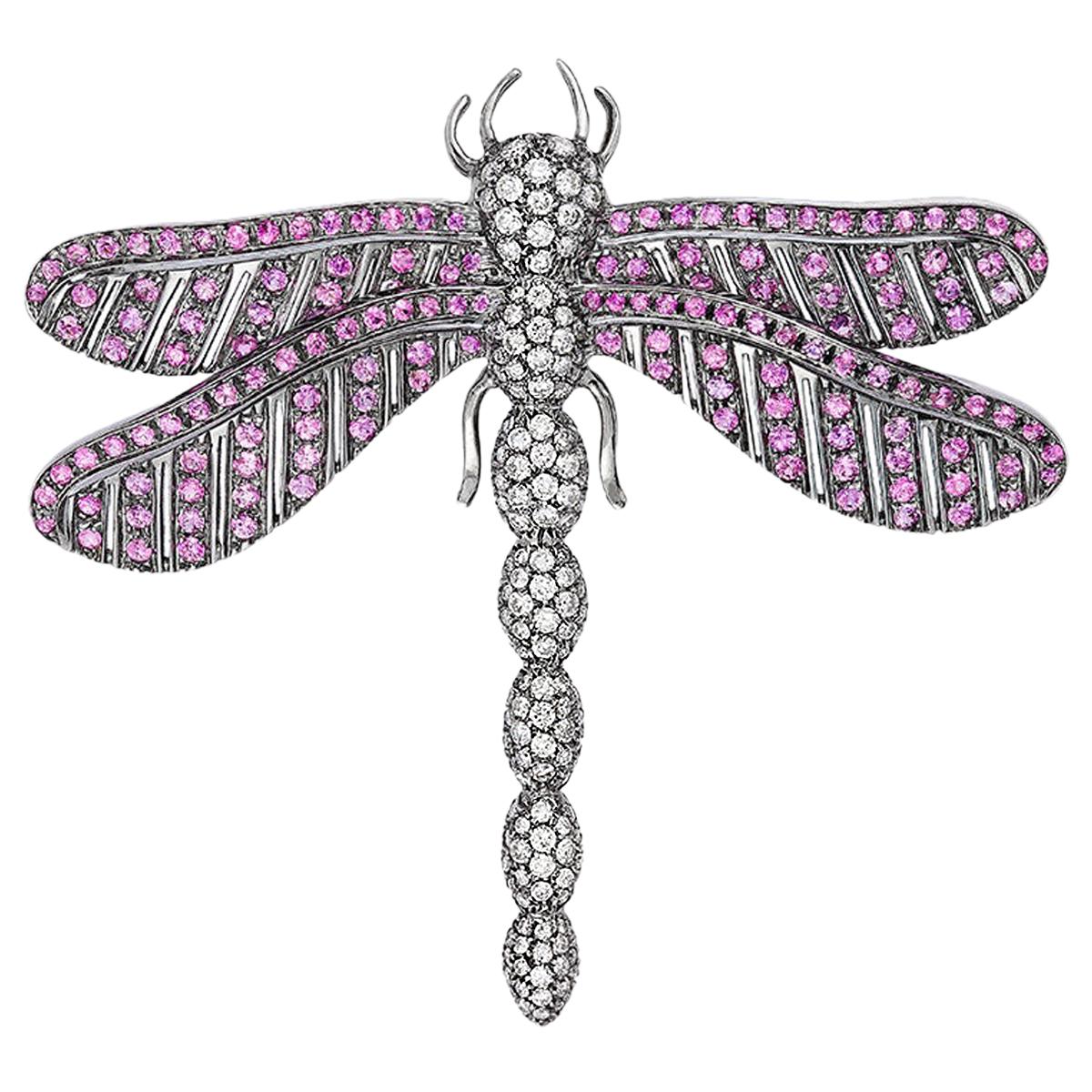 Andreoli Dragonfly Pink Sapphire Diamond Black Rhodium Brooch Pin 18 Karat White