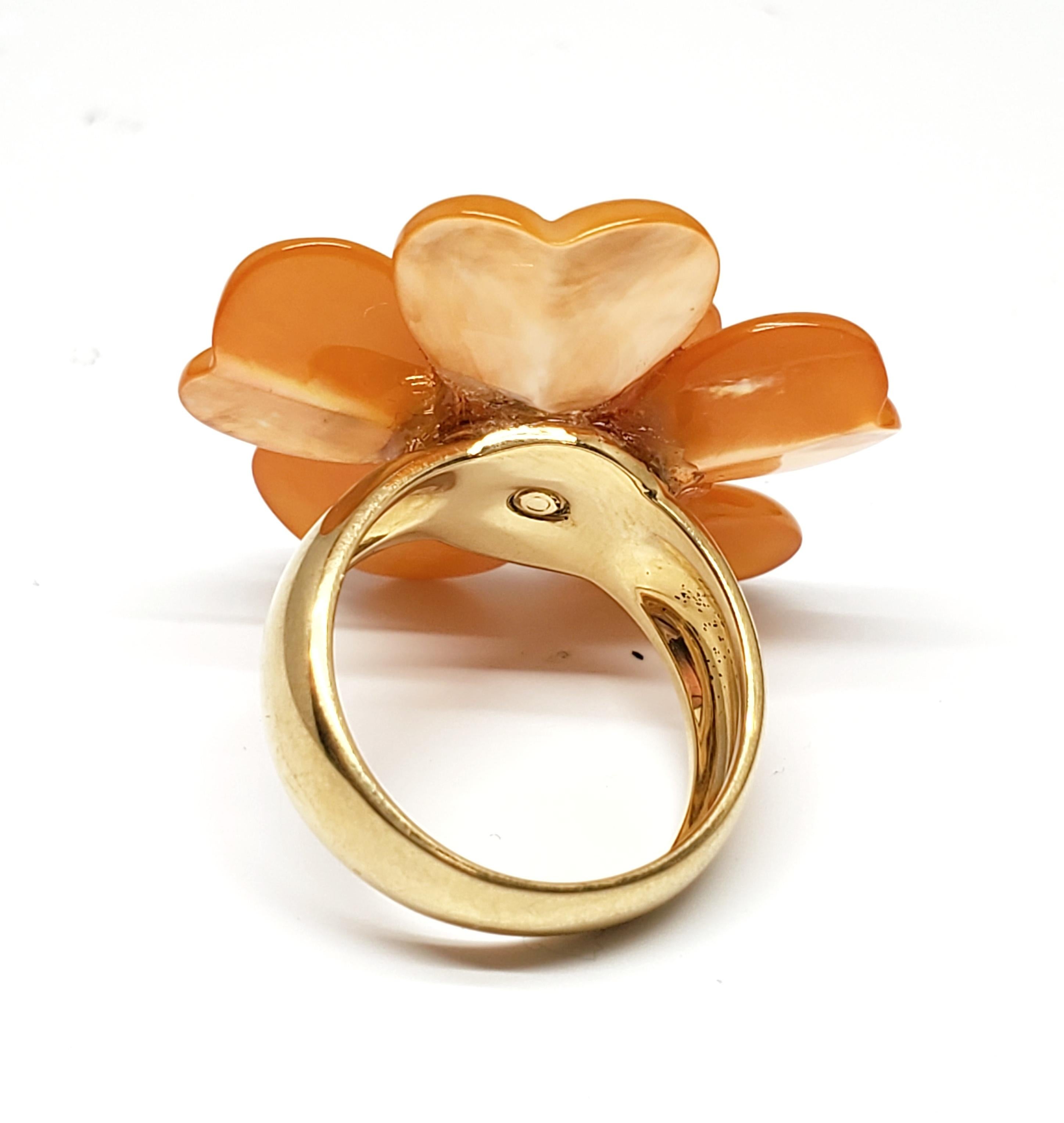Contemporary Andreoli Dyed Orange Mother of Pearl Orange Sapphire Flower Cocktail Ring For Sale