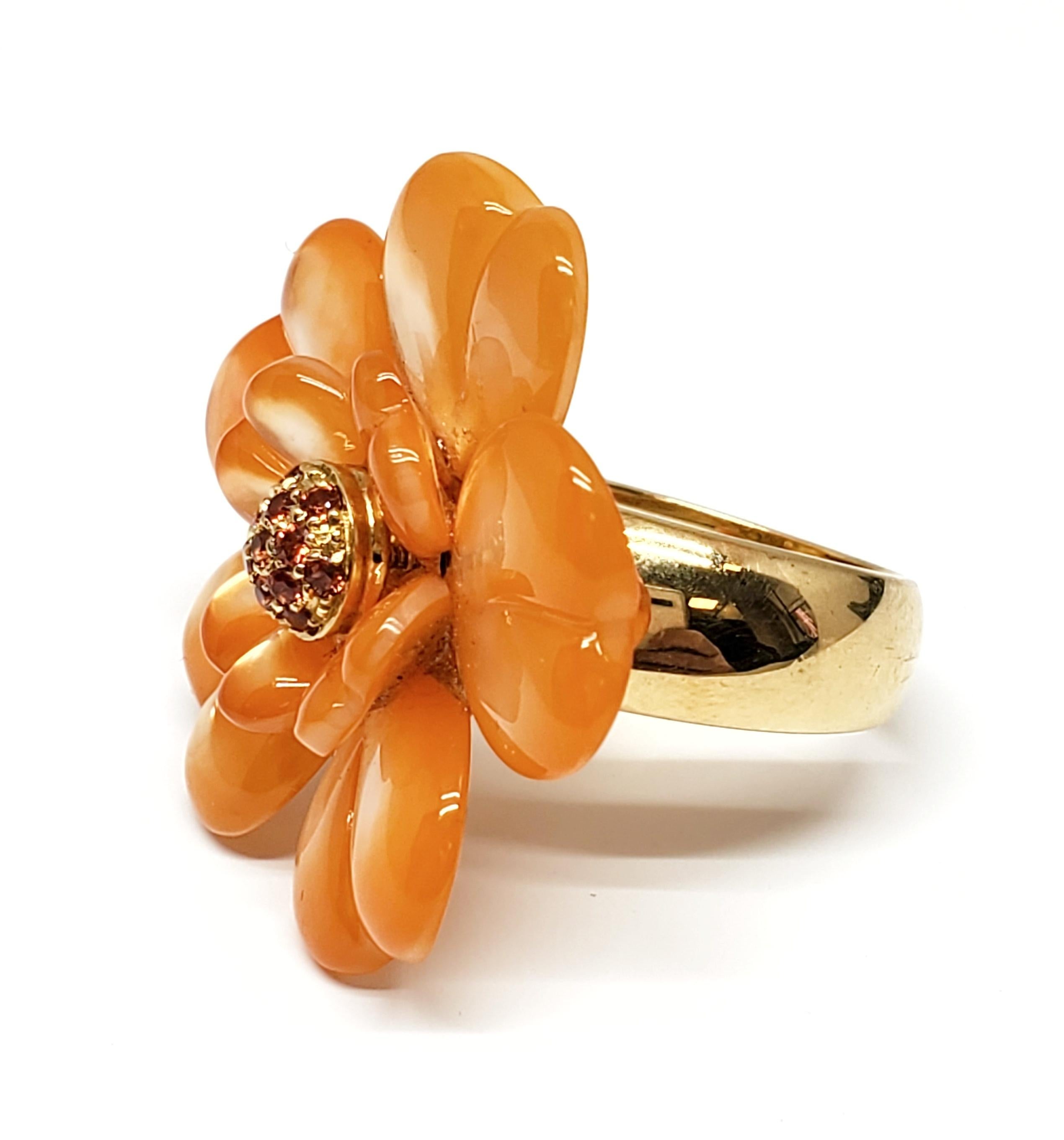 Round Cut Andreoli Dyed Orange Mother of Pearl Orange Sapphire Flower Cocktail Ring For Sale
