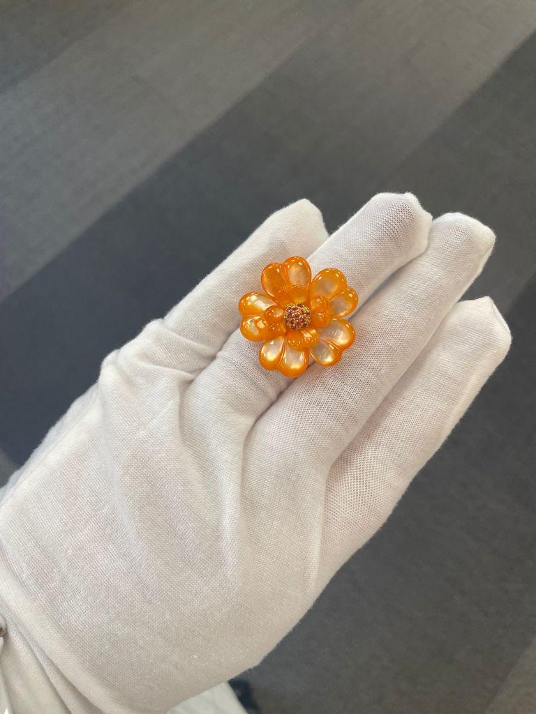 Women's or Men's Andreoli Dyed Orange Mother of Pearl Orange Sapphire Flower Cocktail Ring For Sale
