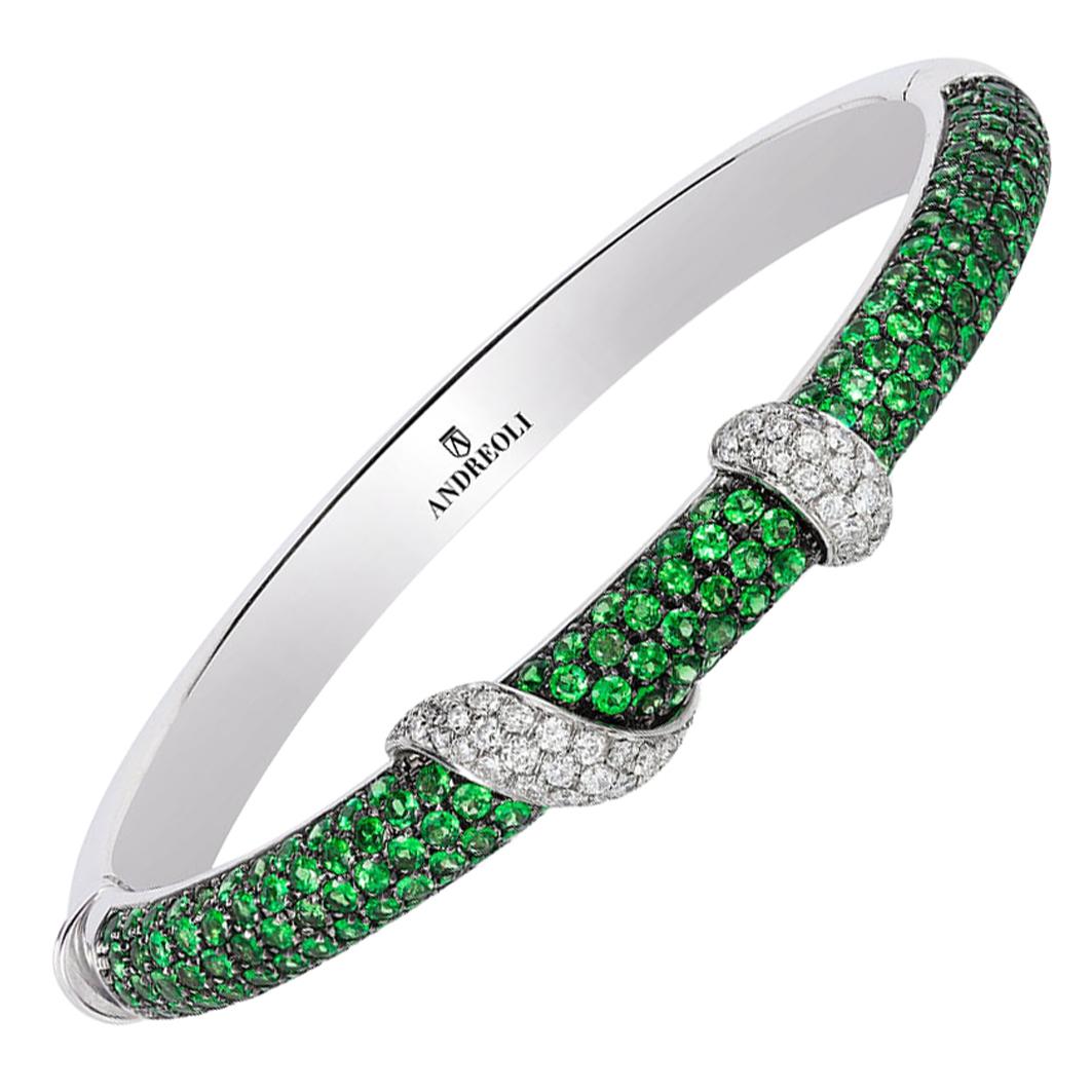 Andreoli Electric Green Tsavorite Garnet Diamond Bangle Bracelet 18 Karat White 