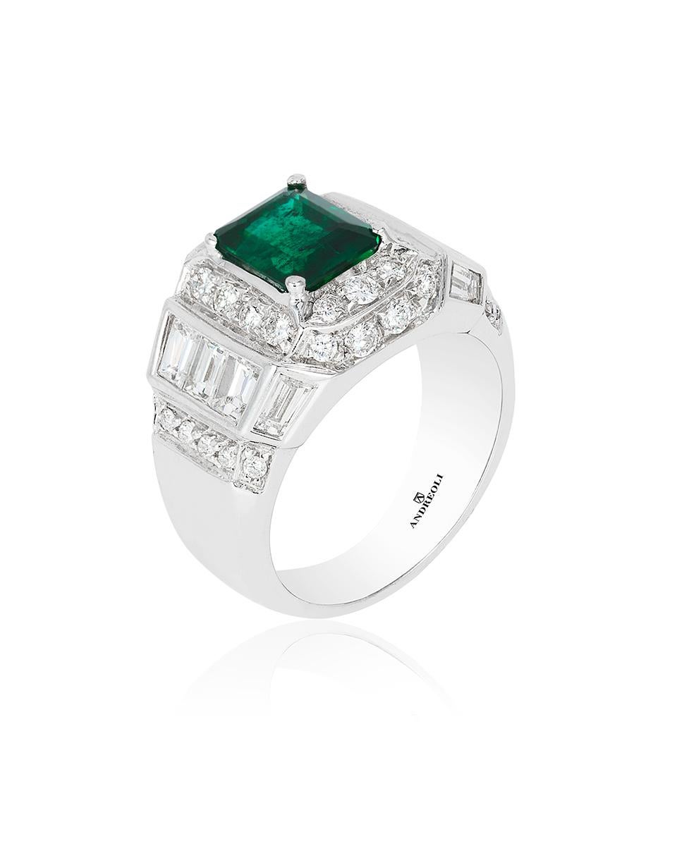 Contemporary Andreoli Emerald Brazil Certified Diamond 18 Karat White Gold Ring For Sale