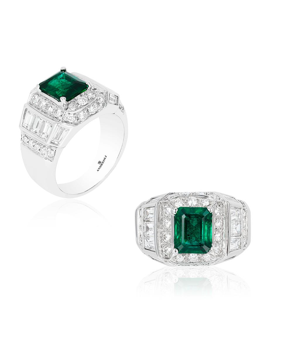 Mixed Cut Andreoli Emerald Brazil Certified Diamond 18 Karat White Gold Ring For Sale