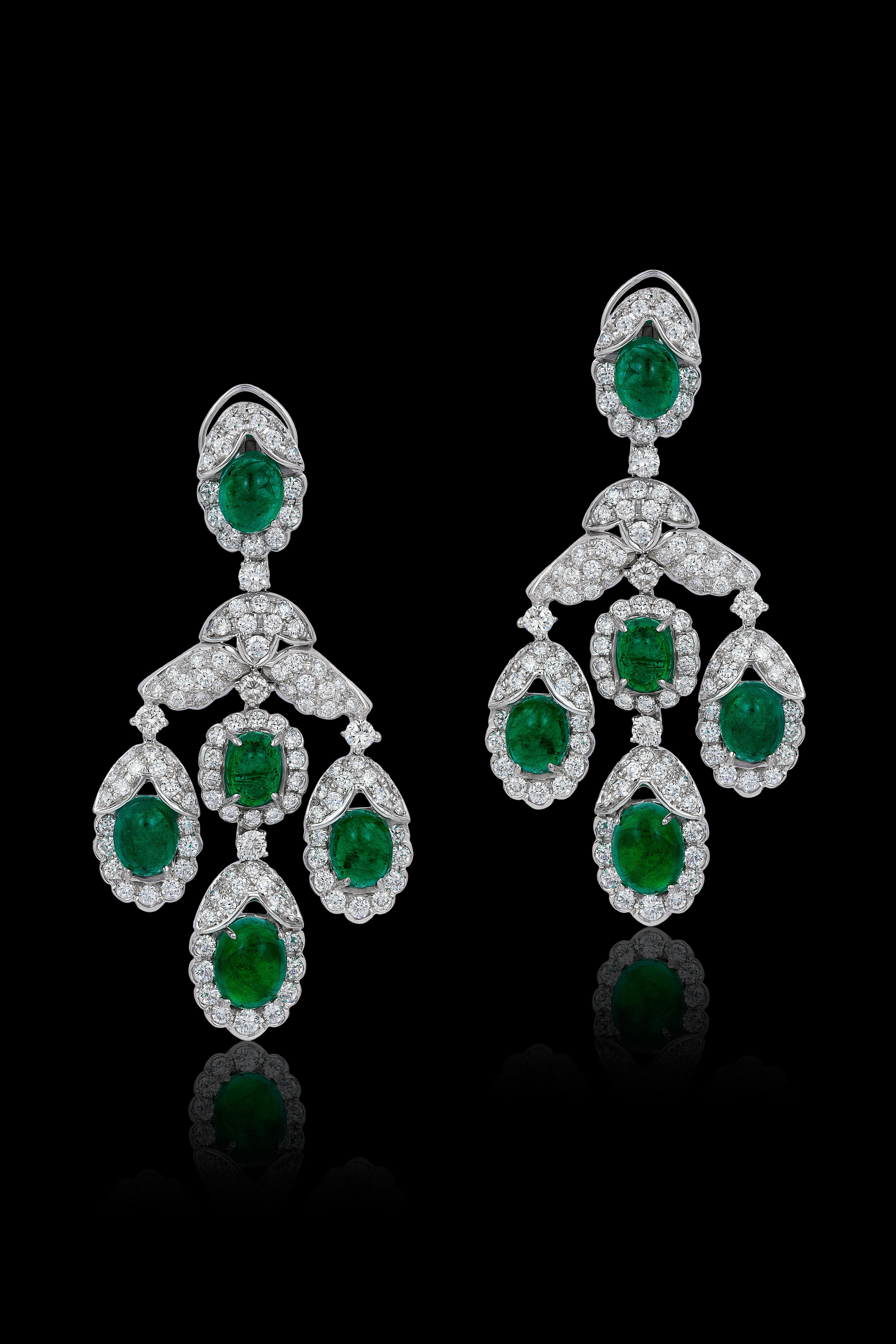 Contemporary Andreoli Emerald Cabochon Diamond Chandelier Earrings 18 Karat White Gold For Sale